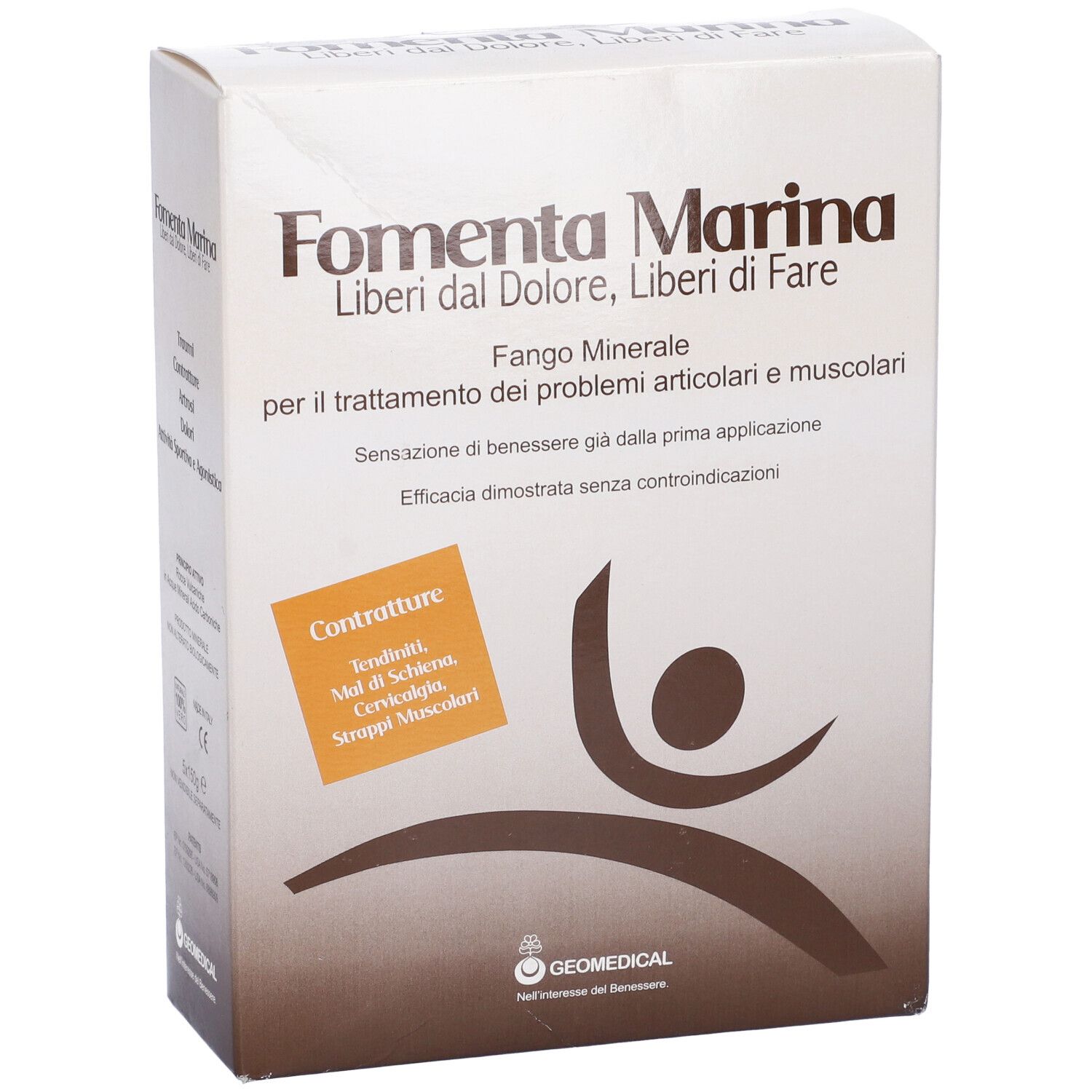Confezione prodotto con testo Fomenta Marina, Fango Minerale. Riquadro arancione con testo Contratture.