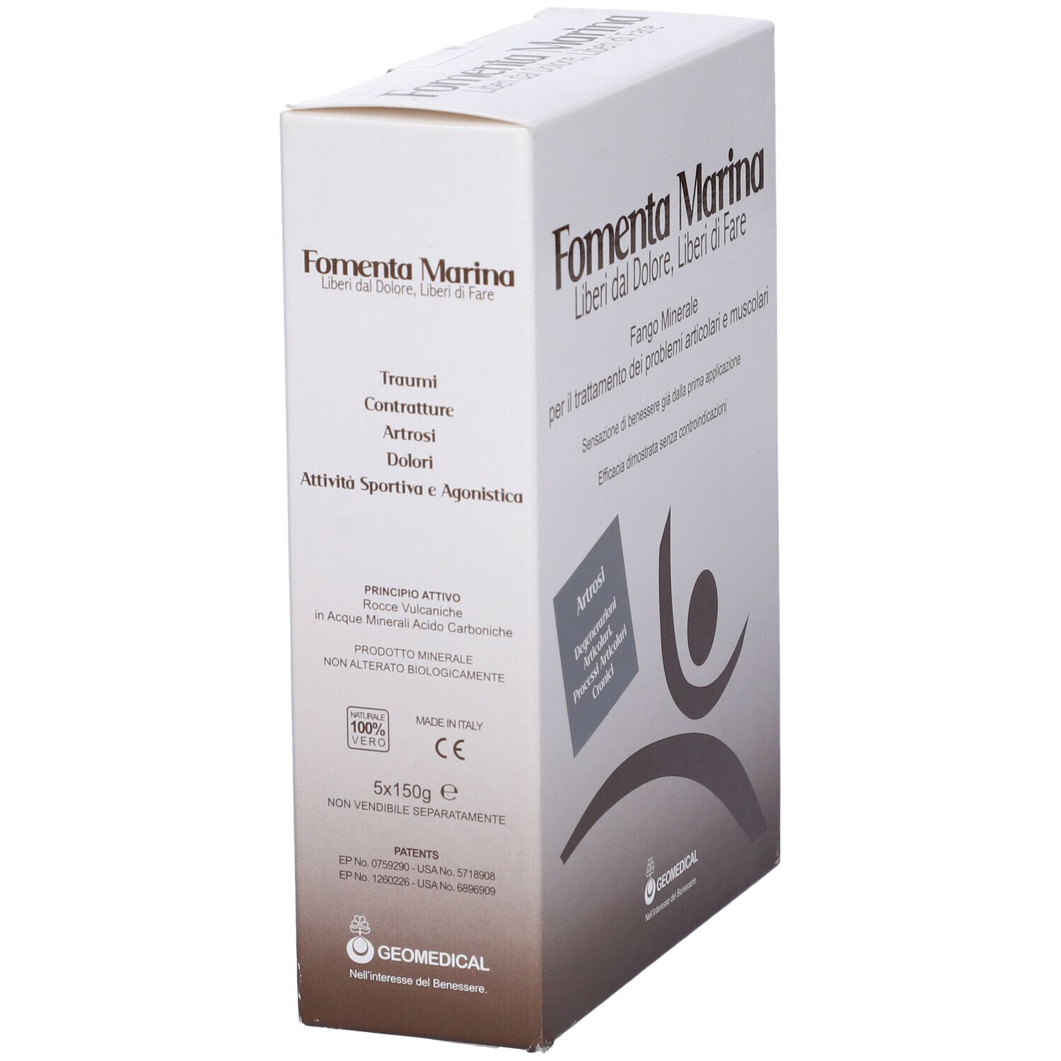 Confezione prodotto con testo: Fomenta Marina, Fango Minerale. Testo: Traumi, Contretture, Artrosi, Dolori. Vista angolata.