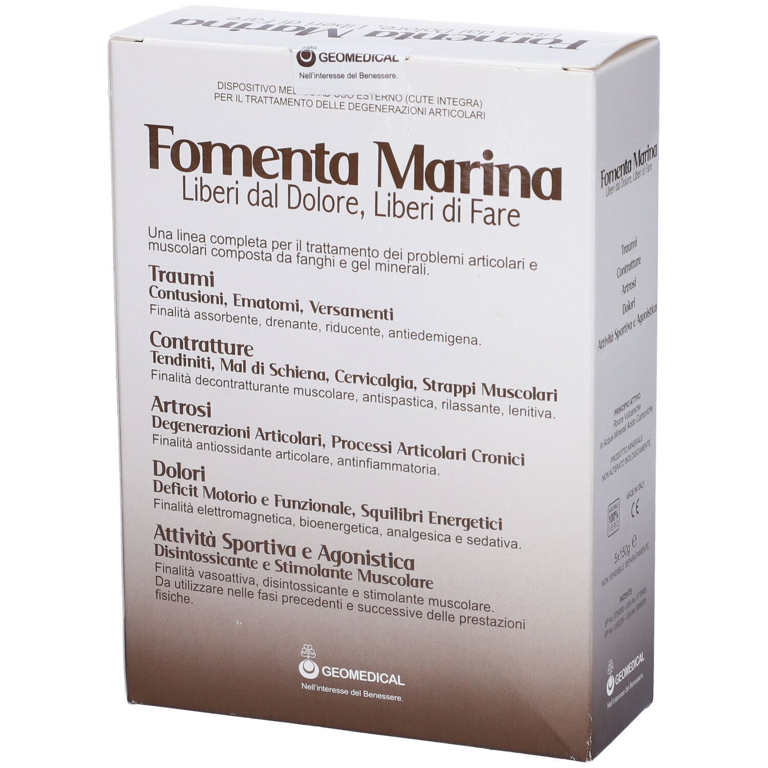 Confezione prodotto con testo: Fomenta Marina, Fango Minerale. Elenco delle aree di applicazione. Vista angolata.