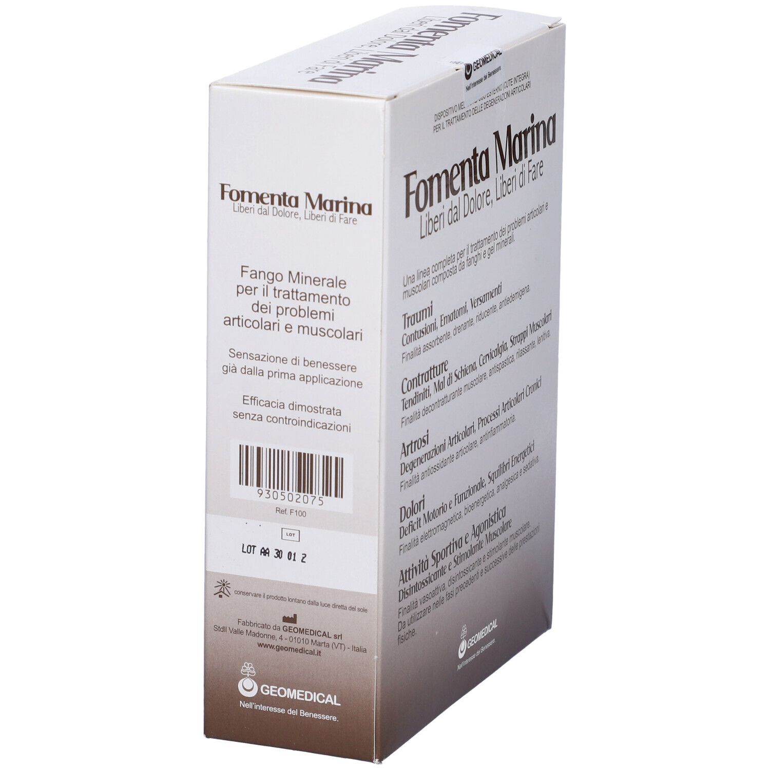 Confezione prodotto con testo: Fomenta Marina, Fango Minerale. Codice a barre e altre informazioni. Vista angolata.
