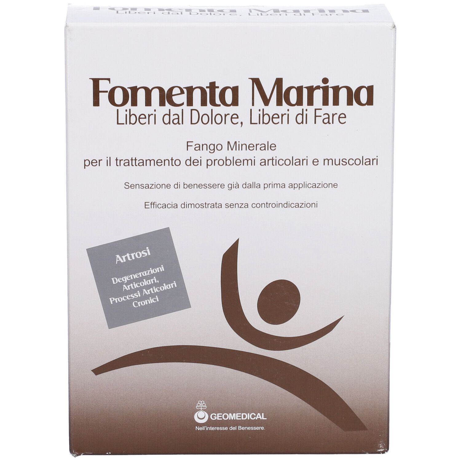 Confezione prodotto con testo: Fomenta Marina, Fango Minerale. Logo e testo: Artrosi. Sfondo bianco.