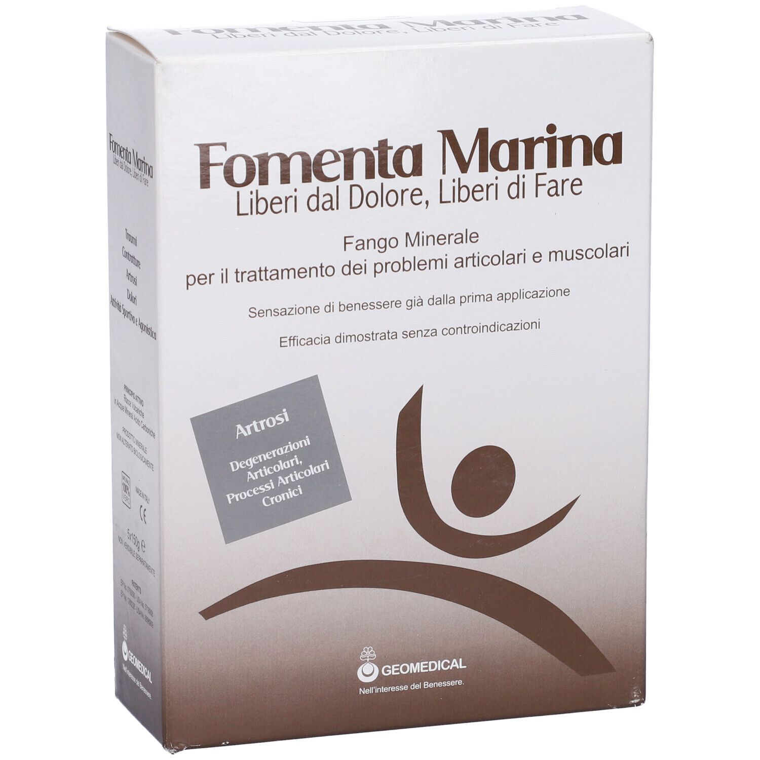Confezione prodotto con testo: Fomenta Marina, Fango Minerale. Logo e testo: Artrosi. Sfondo bianco.