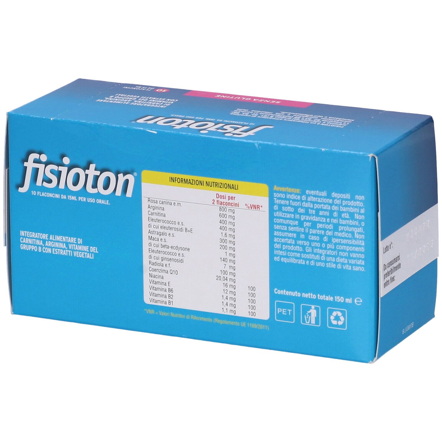 Scatola blu 'fisioton'. Retro con informazioni nutrizionali. 10 flaconcini.