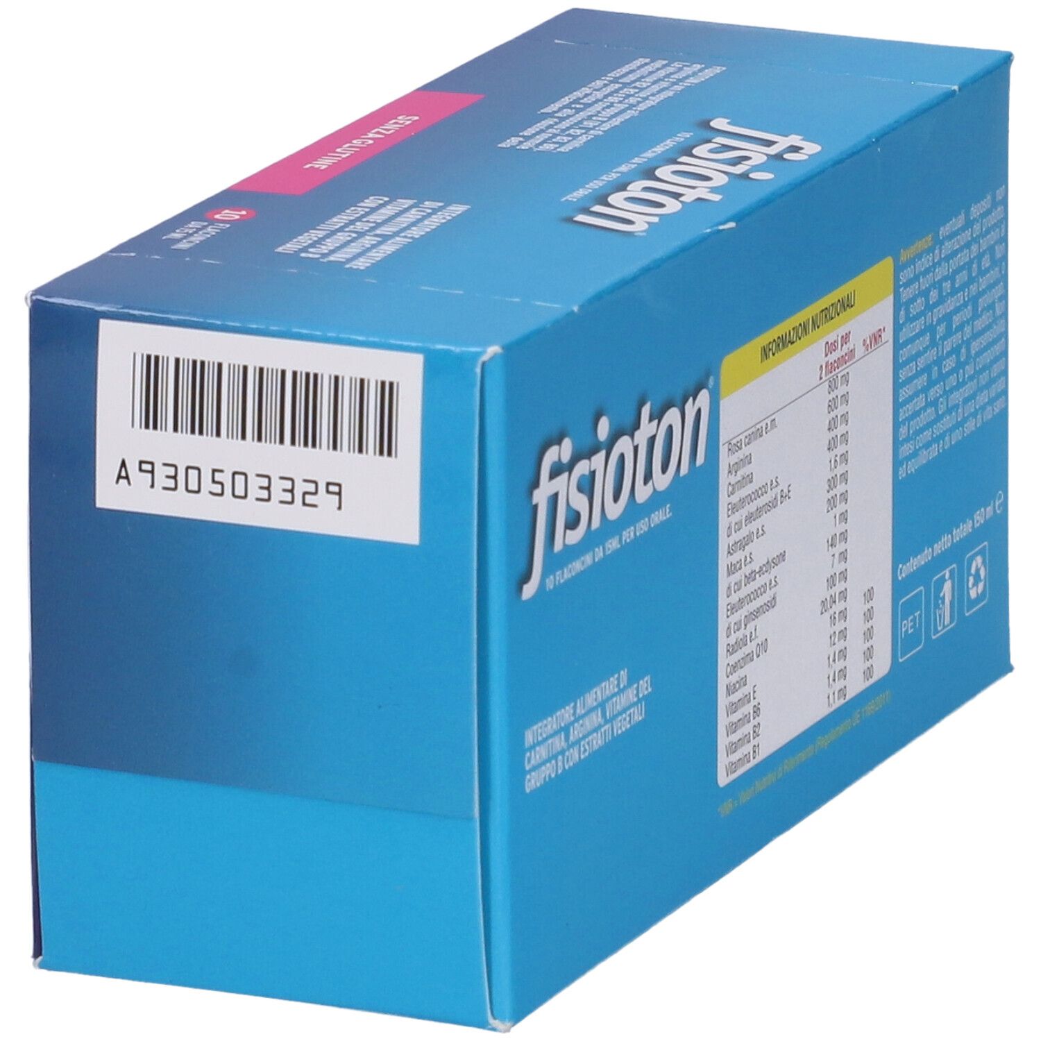 Scatola blu 'fisioton'. Retro con informazioni nutrizionali e codice a barre.