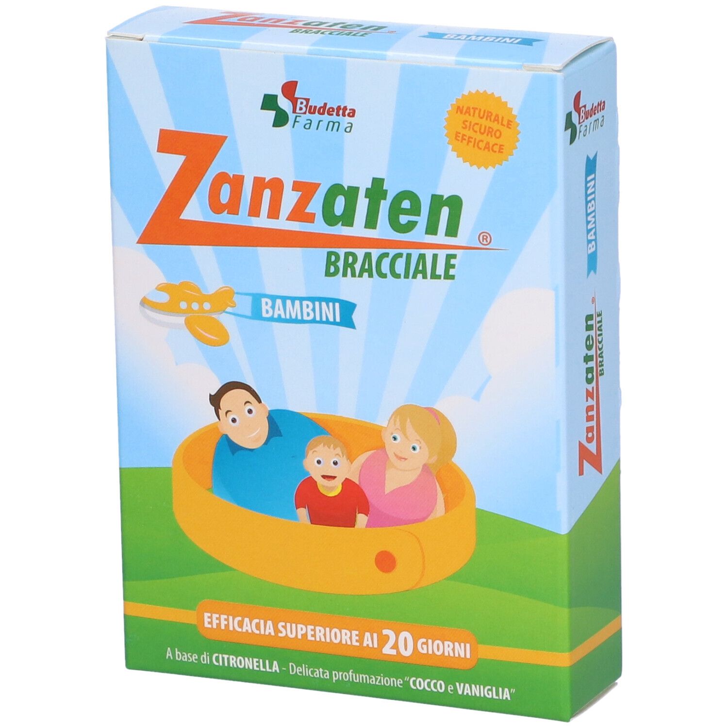 Confezione di Zanzaten Bracciale Bambini. Scatola azzurra con nome del prodotto, logo e illustrazione di una famiglia in un braccialetto giallo.