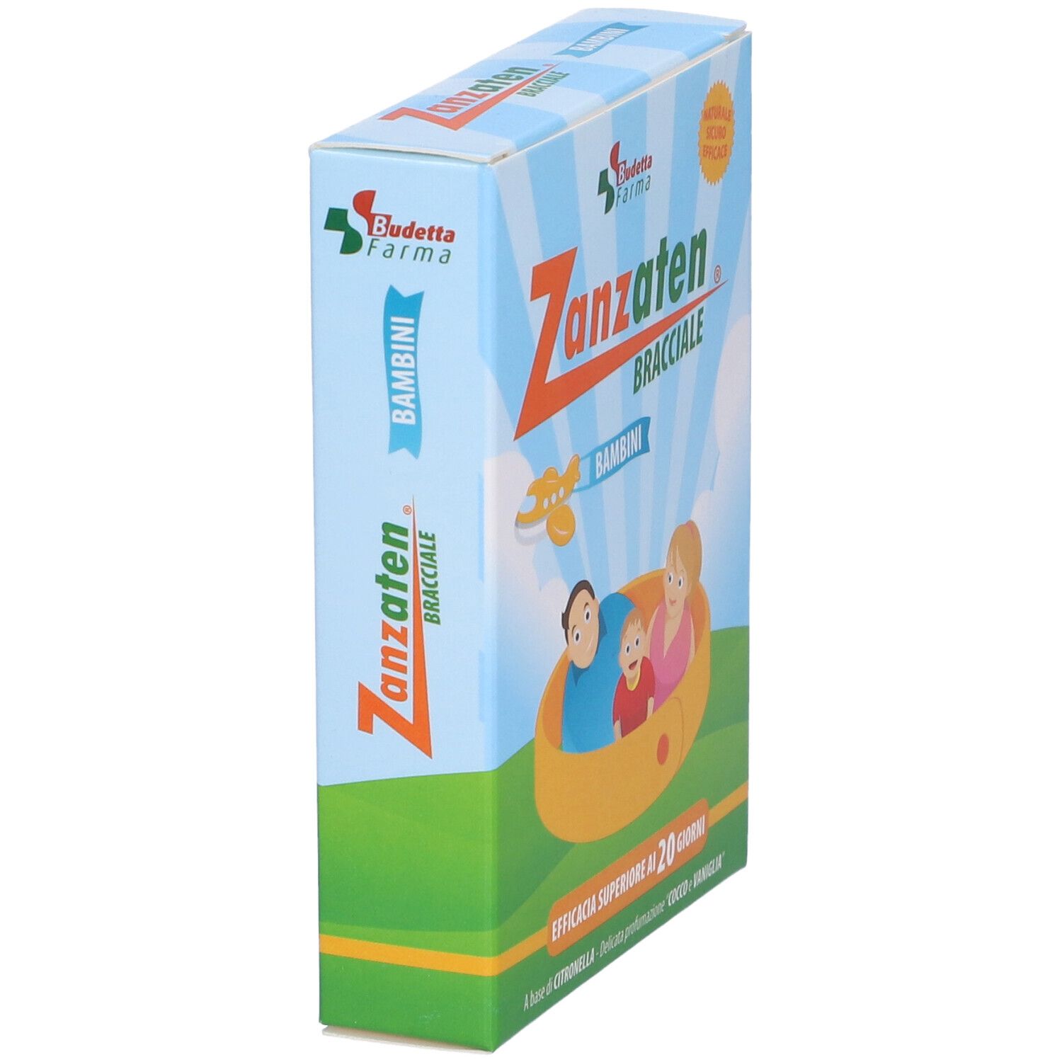 Confezione di Zanzaten Bracciale Bambini. Scatola azzurra con nome del prodotto, logo e illustrazione di una famiglia in un braccialetto giallo.