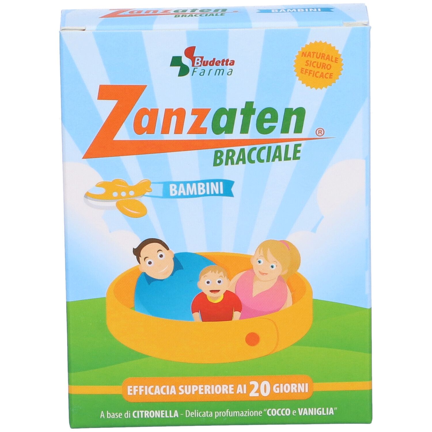 Confezione di Zanzaten Bracciale Bambini. Scatola azzurra con nome del prodotto, logo e illustrazione di una famiglia in un braccialetto giallo.