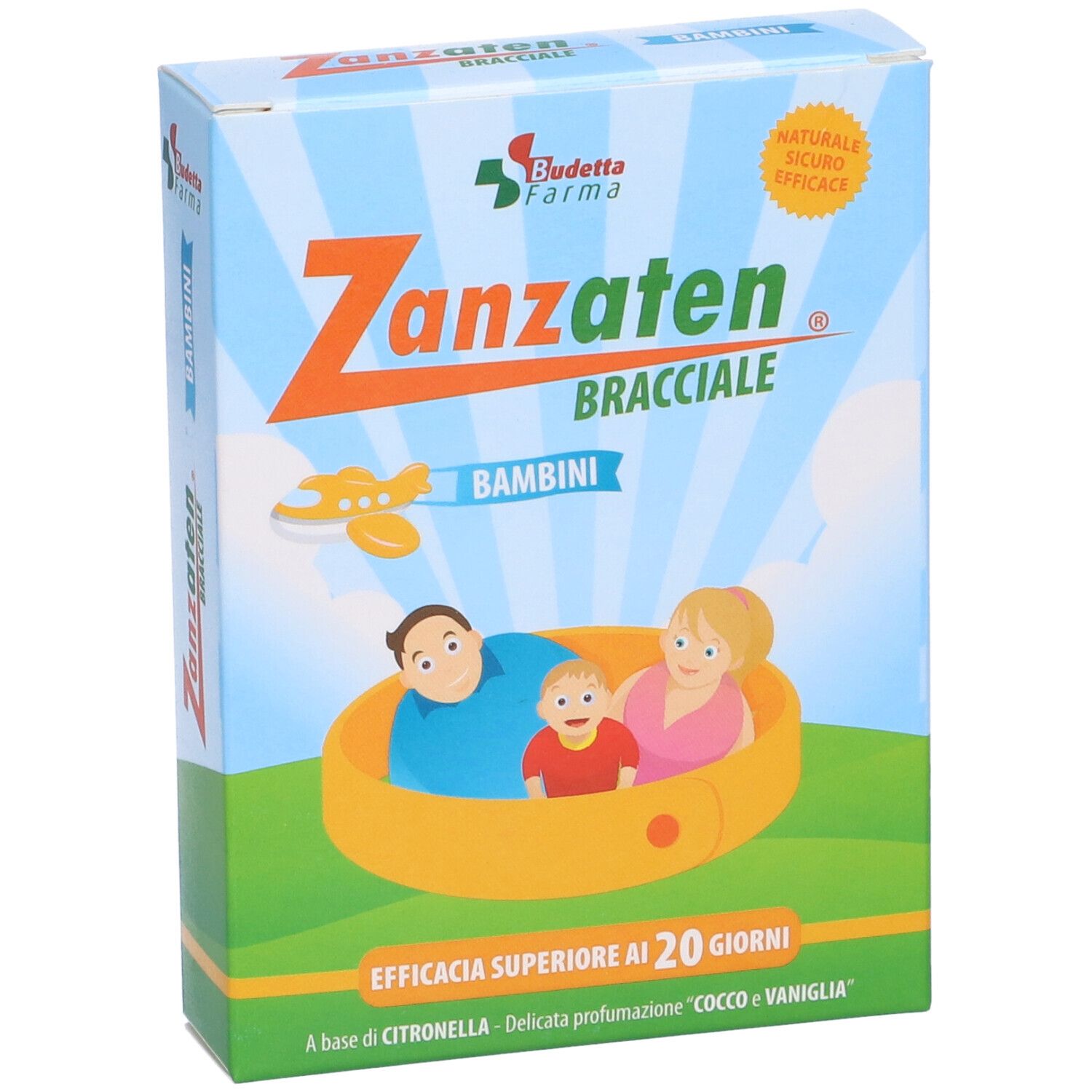 Confezione di Zanzaten Bracciale Bambini. Scatola azzurra con nome del prodotto, logo e illustrazione di una famiglia in un braccialetto giallo.