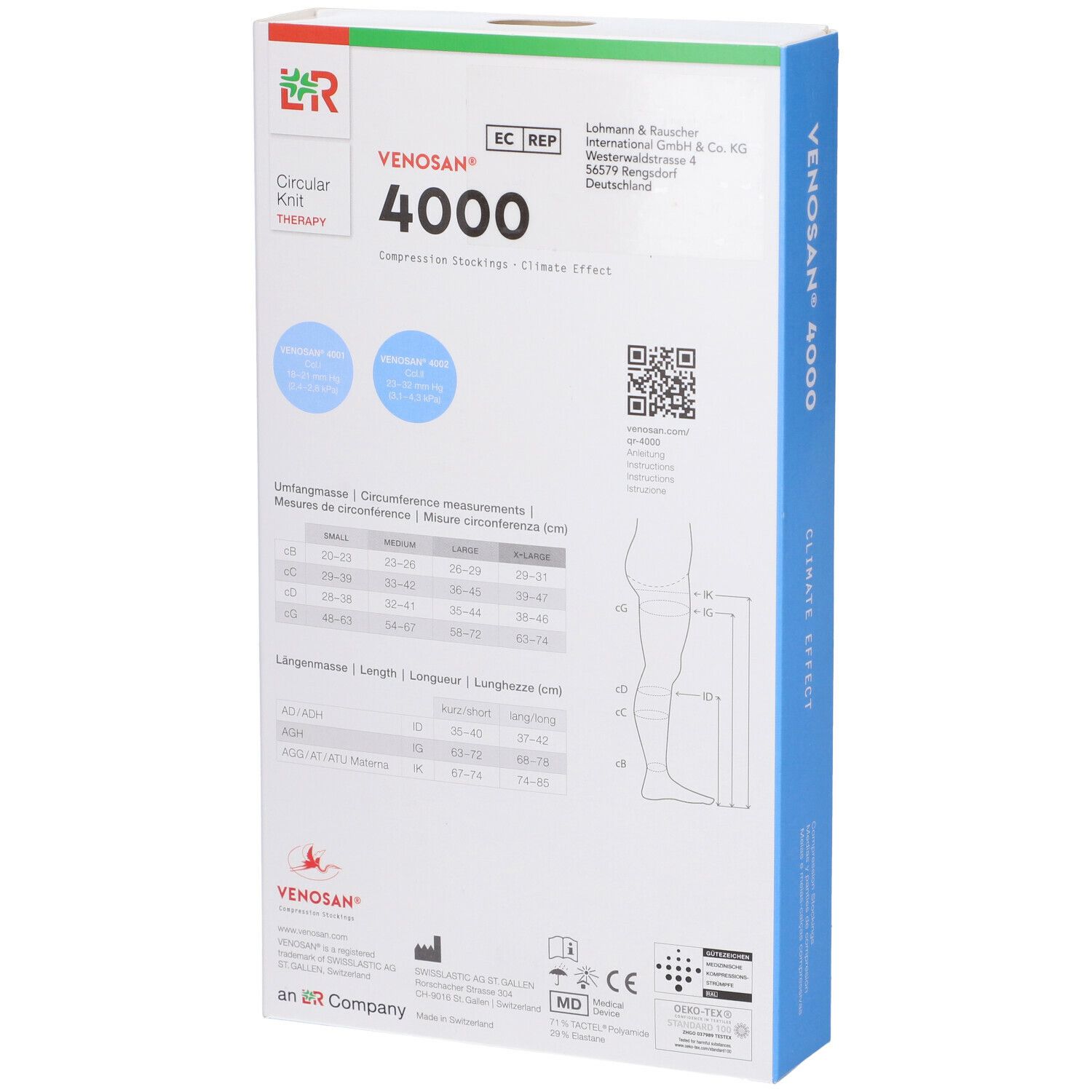 Retro della confezione di calze a compressione Venosan 4000. Informazioni su circonferenza, lunghezza, QR code, certificazioni, logo.