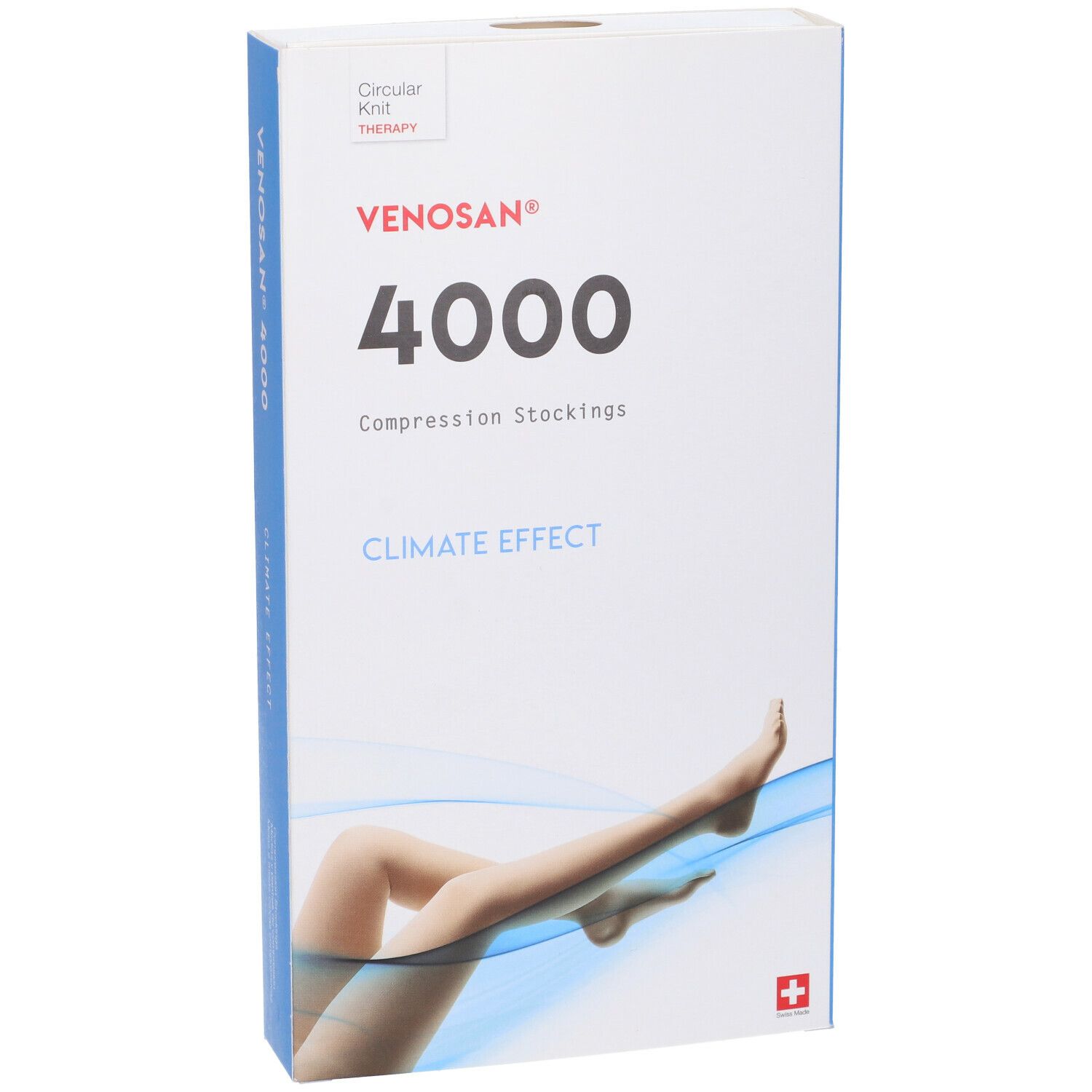 Confezione di calze a compressione Venosan 4000. Scritte: 4000, Climate Effect, croce svizzera. Immagine: gambe con calze.