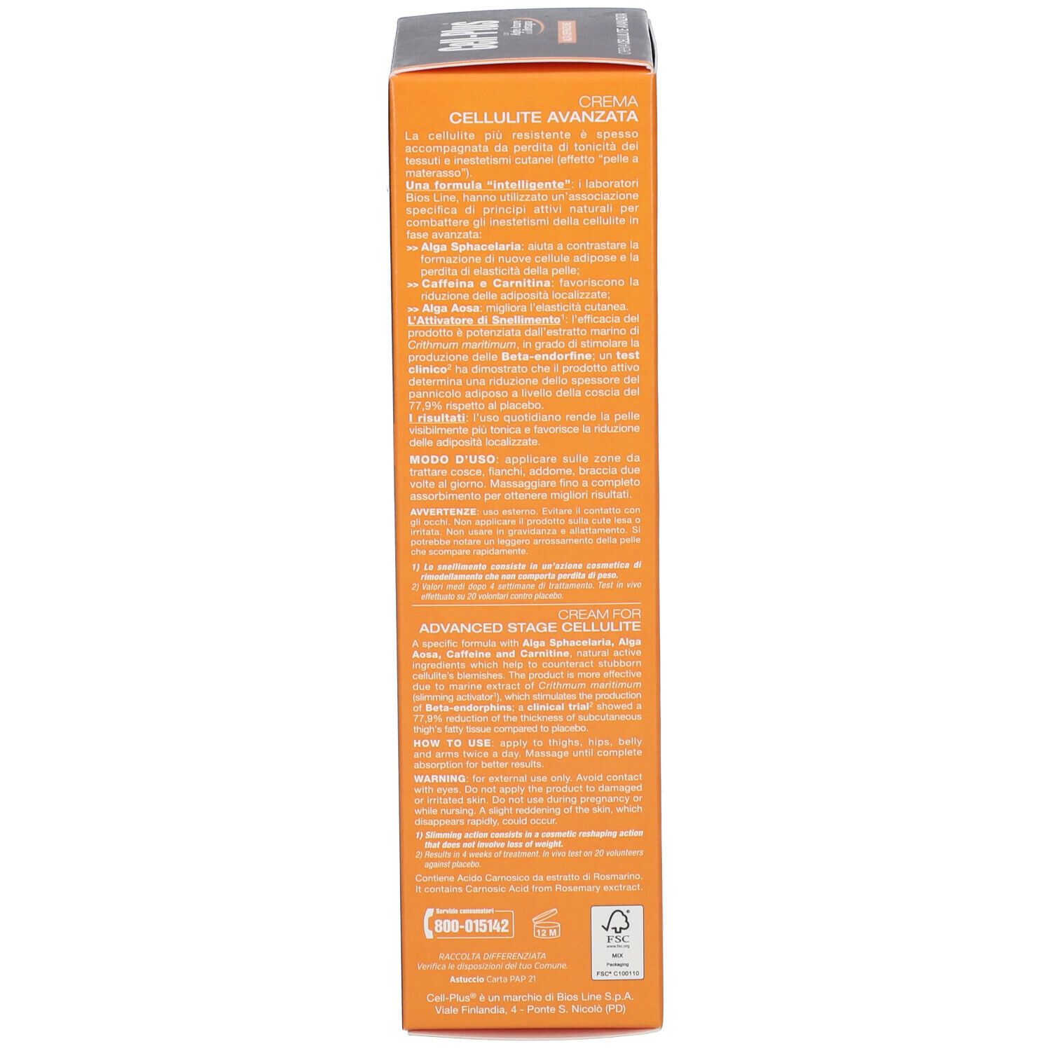 Lato della scatola. Testo multilingue. 200ml.