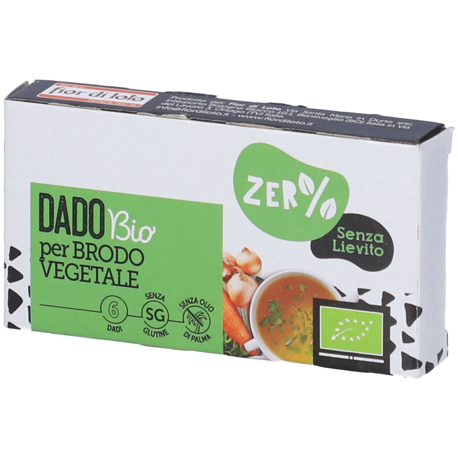 Scatola bianca e verde con nome e logo del prodotto. Contiene 6 dadi. Con marchio biologico e immagine di zuppa.