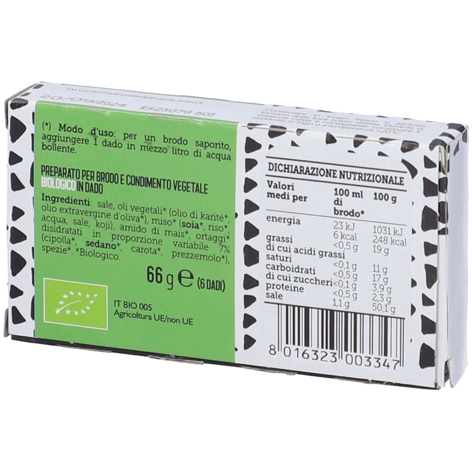 Retro della scatola con elenco ingredienti e informazioni nutrizionali. Contiene 6 dadi. Con marchio biologico.