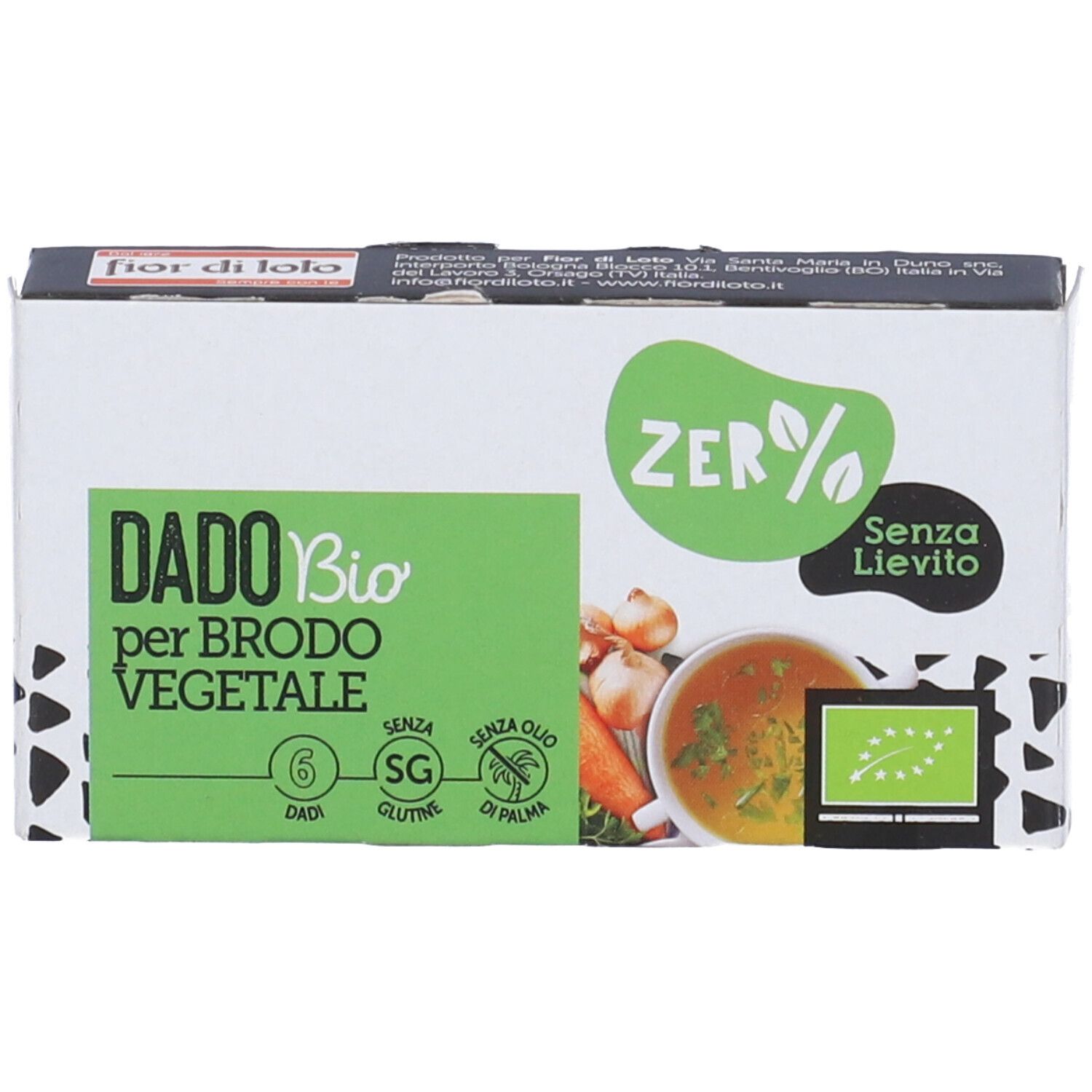 Scatola bianca e verde con nome e logo del prodotto. Contiene 6 dadi. Con marchio biologico e immagine di zuppa.