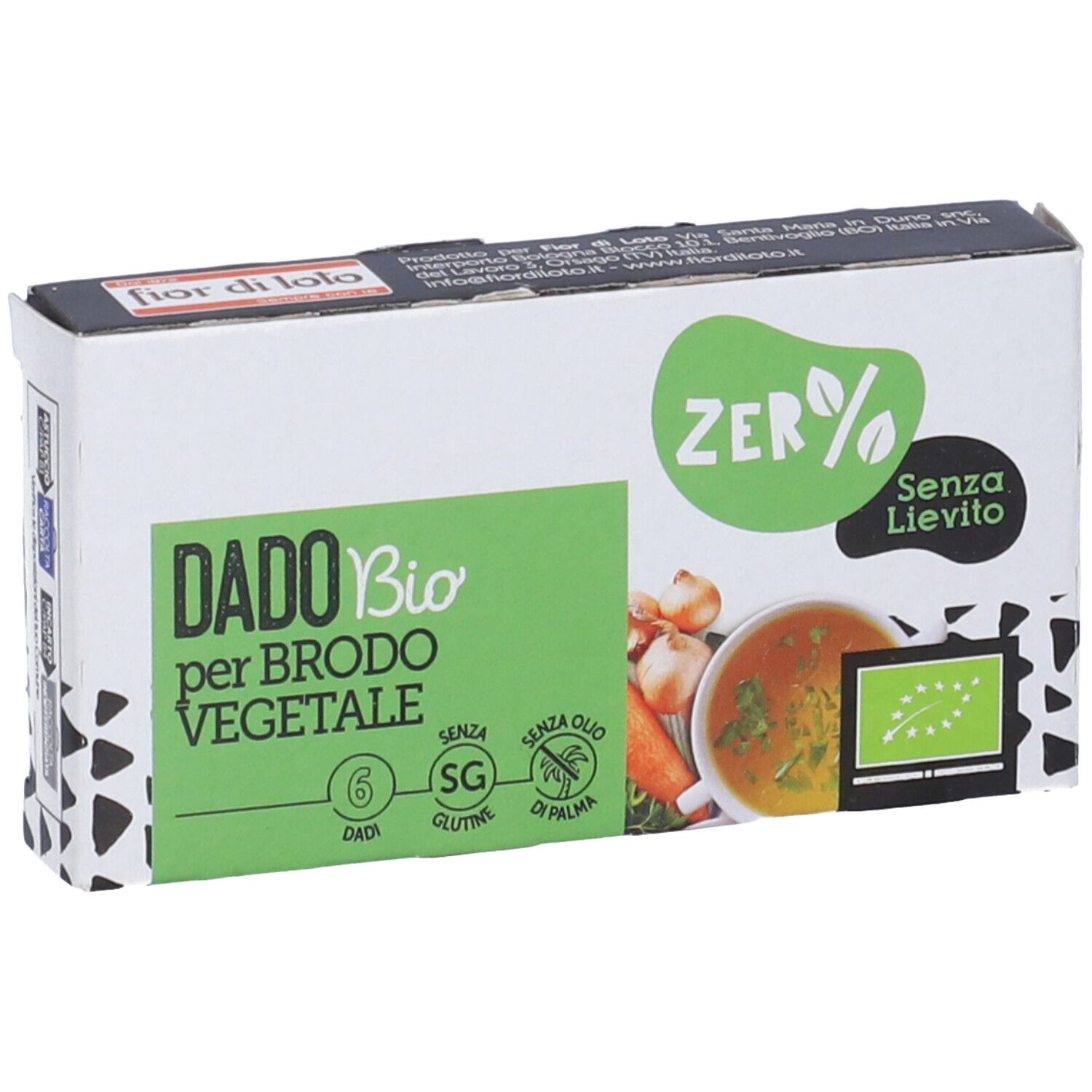 Scatola bianca e verde con nome e logo del prodotto. Contiene 6 dadi. Con marchio biologico e immagine di zuppa.
