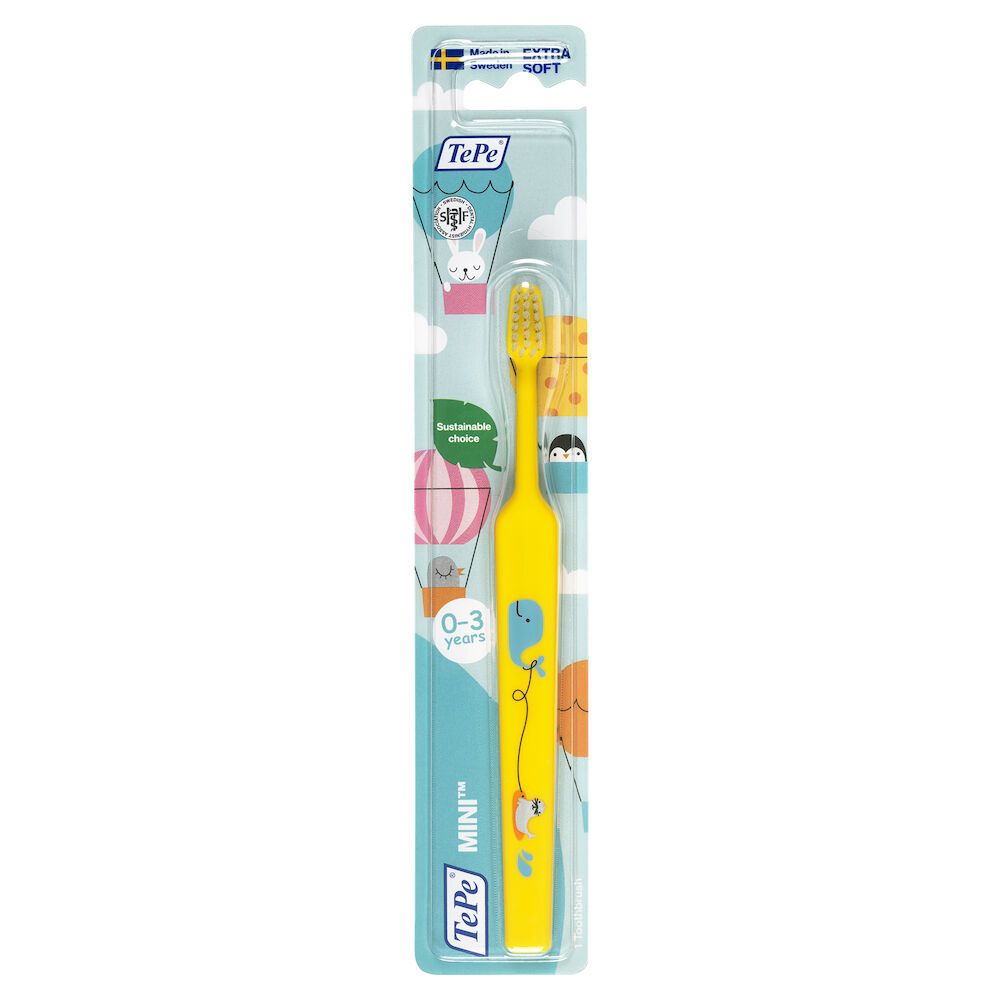 Spazzolino giallo con manico blu, illustrazioni e confezione. Scritta: TePe Mini, 0-3 anni, X-Soft.
