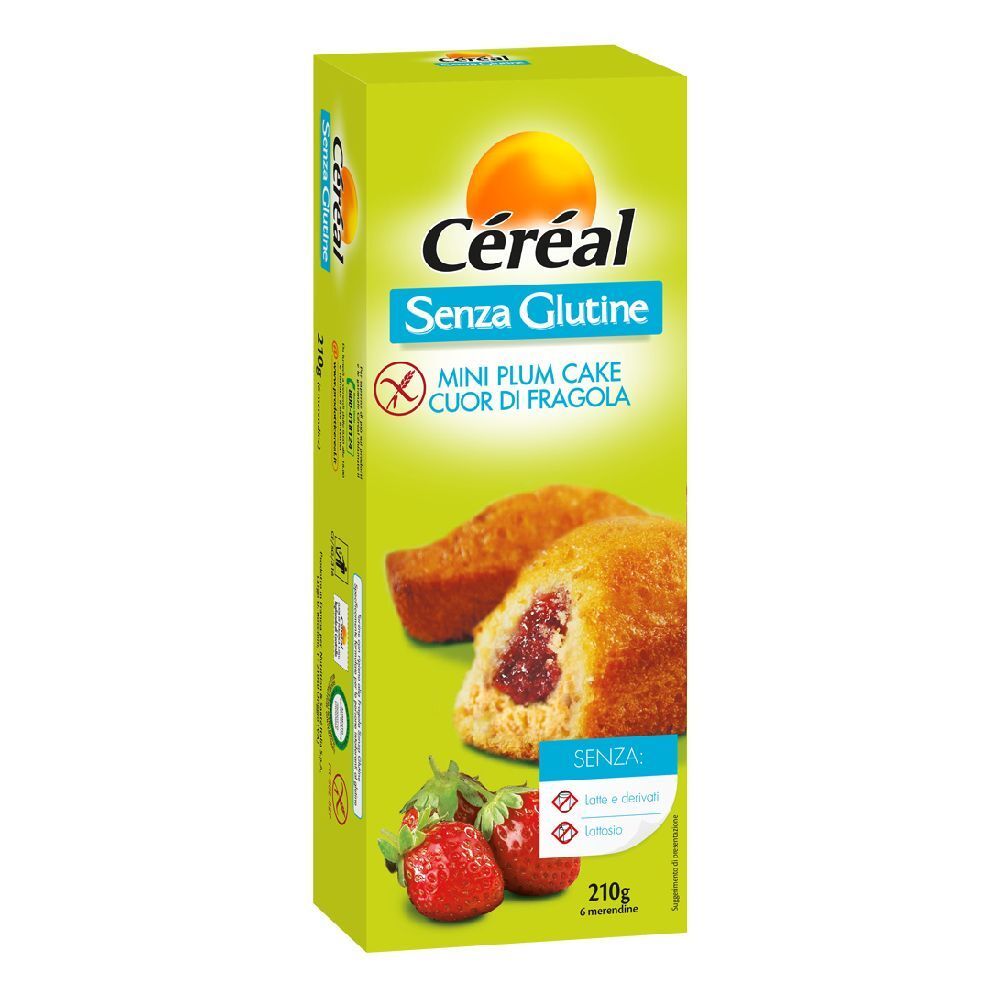 Confezione di Céréal Mini Plum Cake Cuor di Fragola senza glutine. Immagine di dolcetti e fragole. 210g.