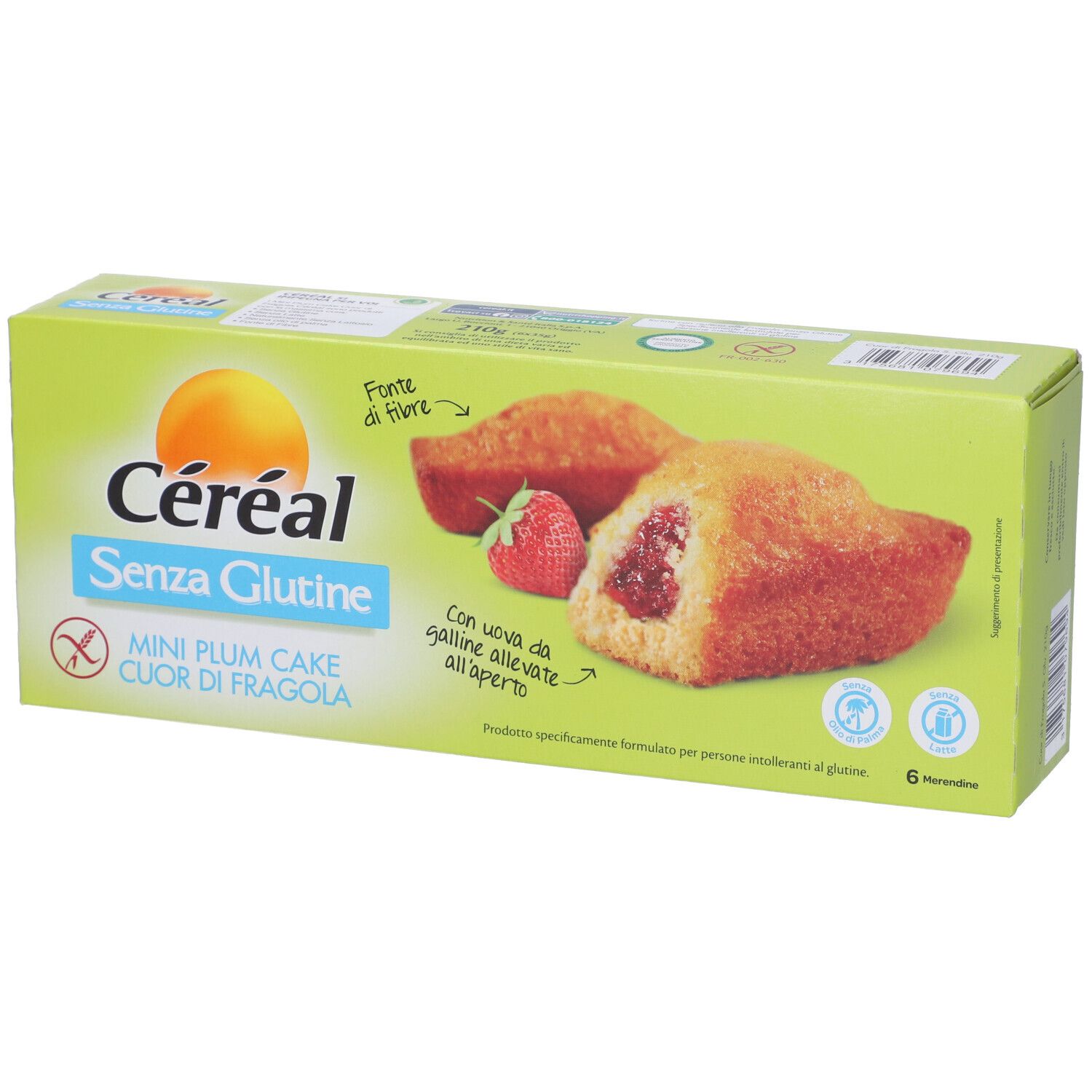 Céréal Mini Plum Cake Cuor di Fragola senza glutine. Immagine di dolcetti e fragola. 6 pezzi. Con uova da galline allevate all'aperto.