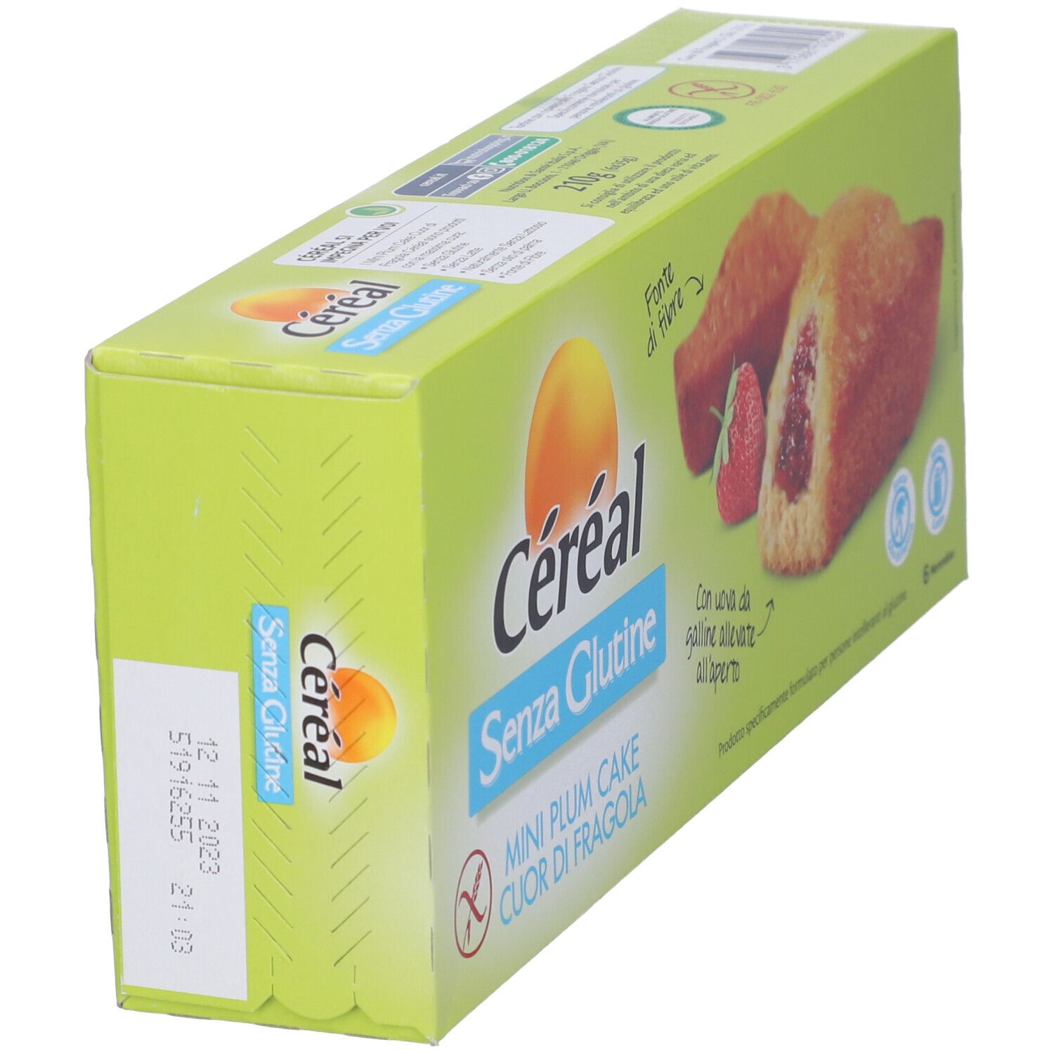 Céréal Mini Plum Cake Cuor di Fragola senza glutine. Confezione vista dall'alto a sinistra. Con data di scadenza.
