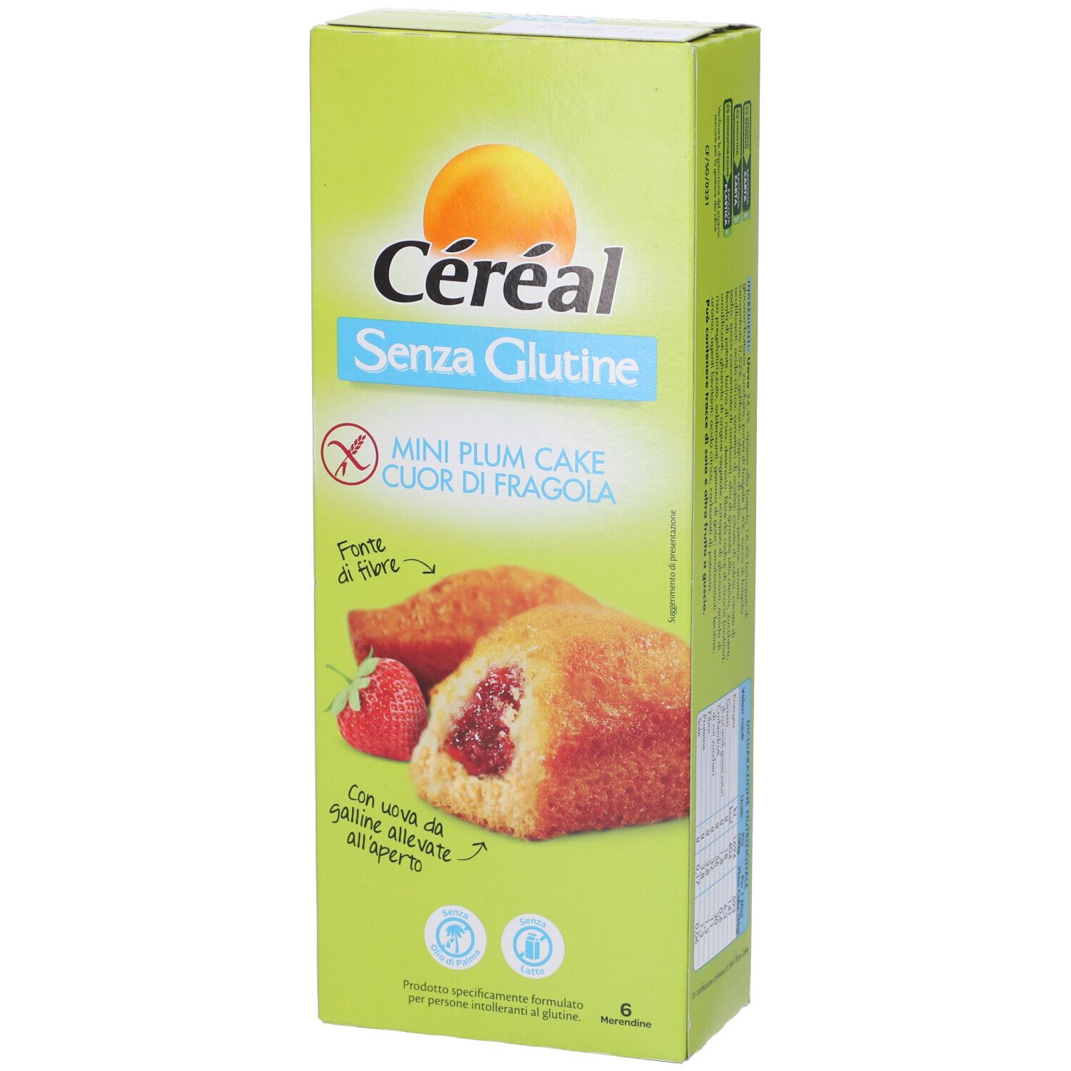 Céréal Mini Plum Cake Cuor di Fragola senza glutine. Immagine di dolcetti e fragola. 6 pezzi. Con uova da galline allevate all'aperto.