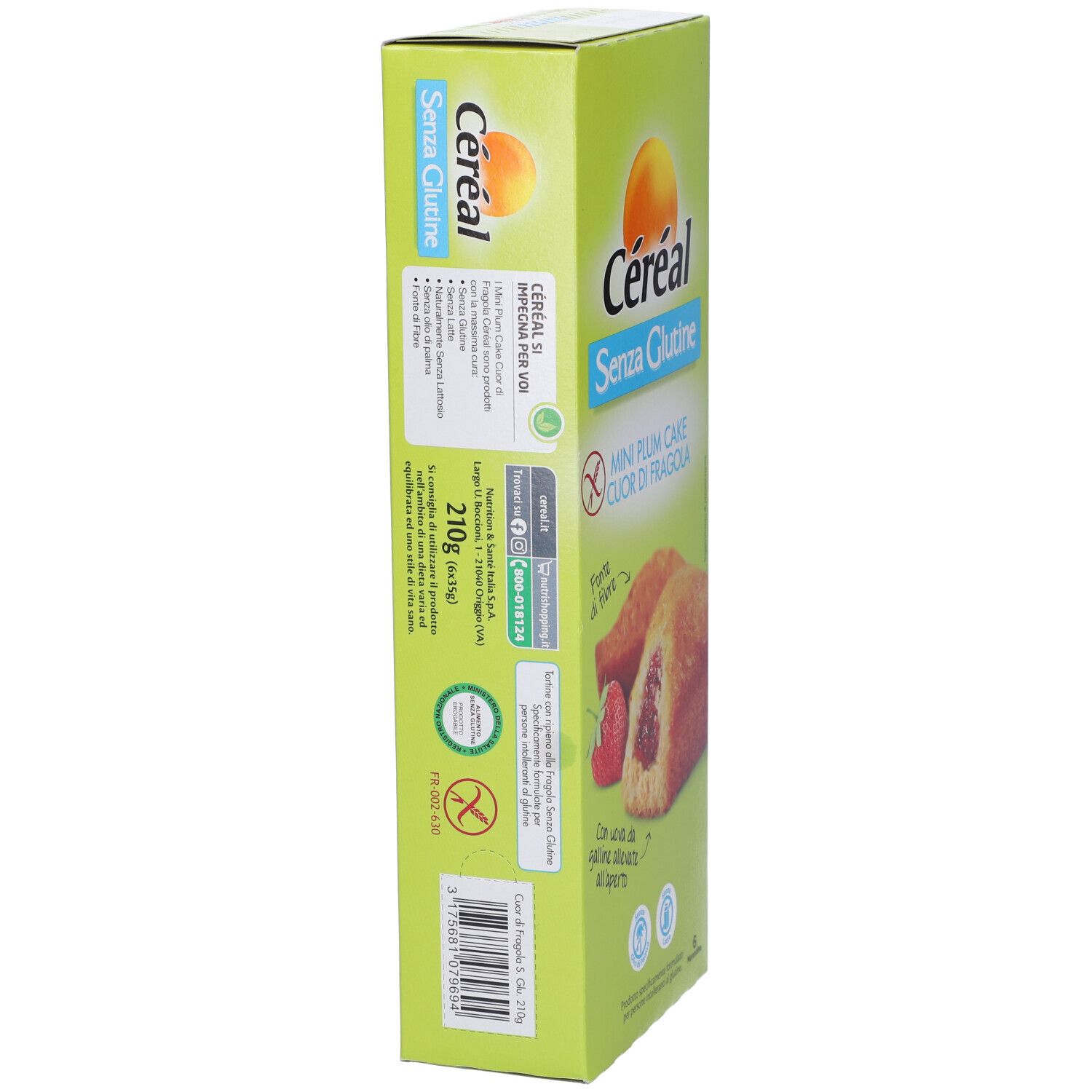 Céréal Mini Plum Cake Cuor di Fragola senza glutine. Confezione vista posteriore. Con informazioni nutrizionali e lista ingredienti.