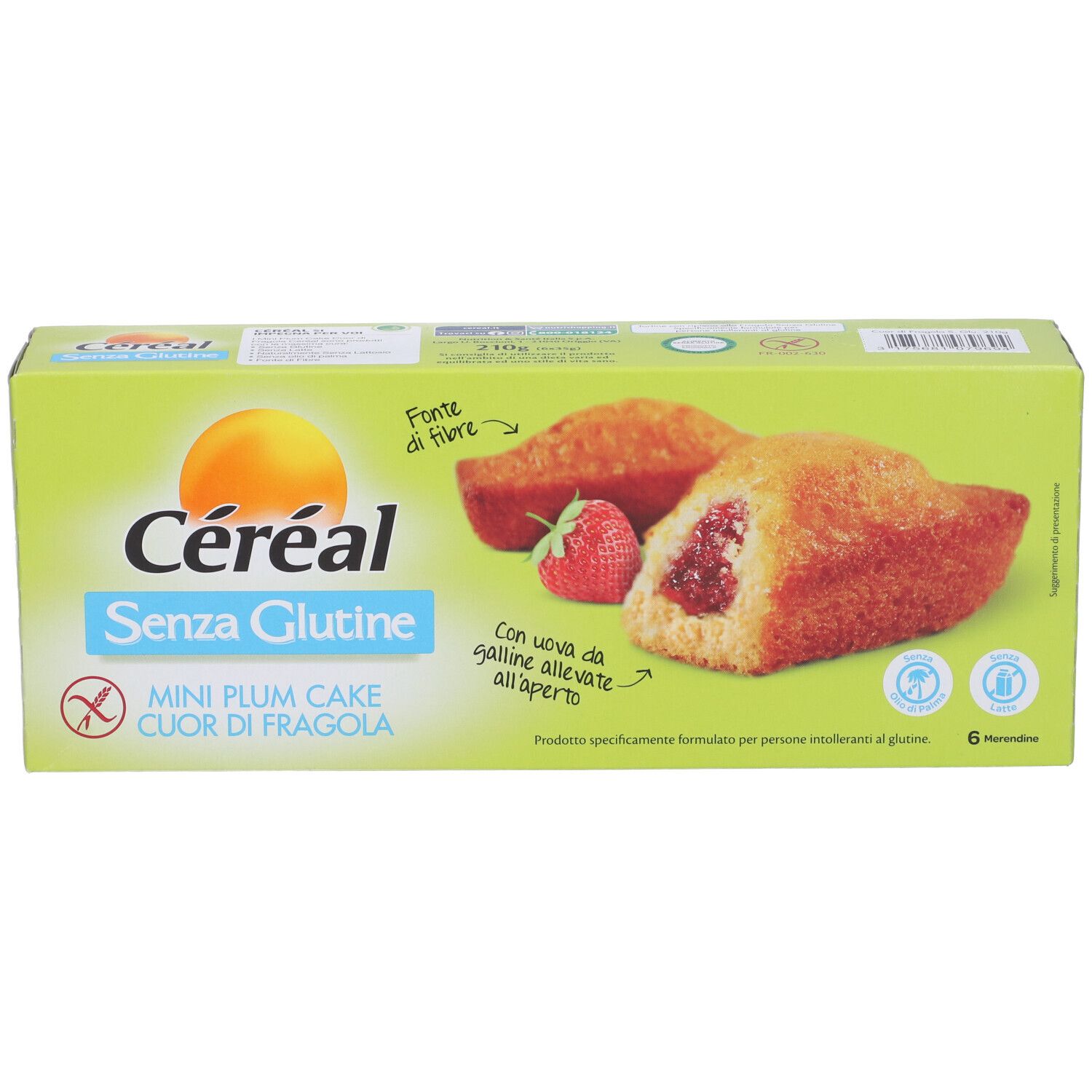 Céréal Mini Plum Cake Cuor di Fragola senza glutine. Immagine di dolcetti e fragola. 6 pezzi. Con uova da galline allevate all'aperto.