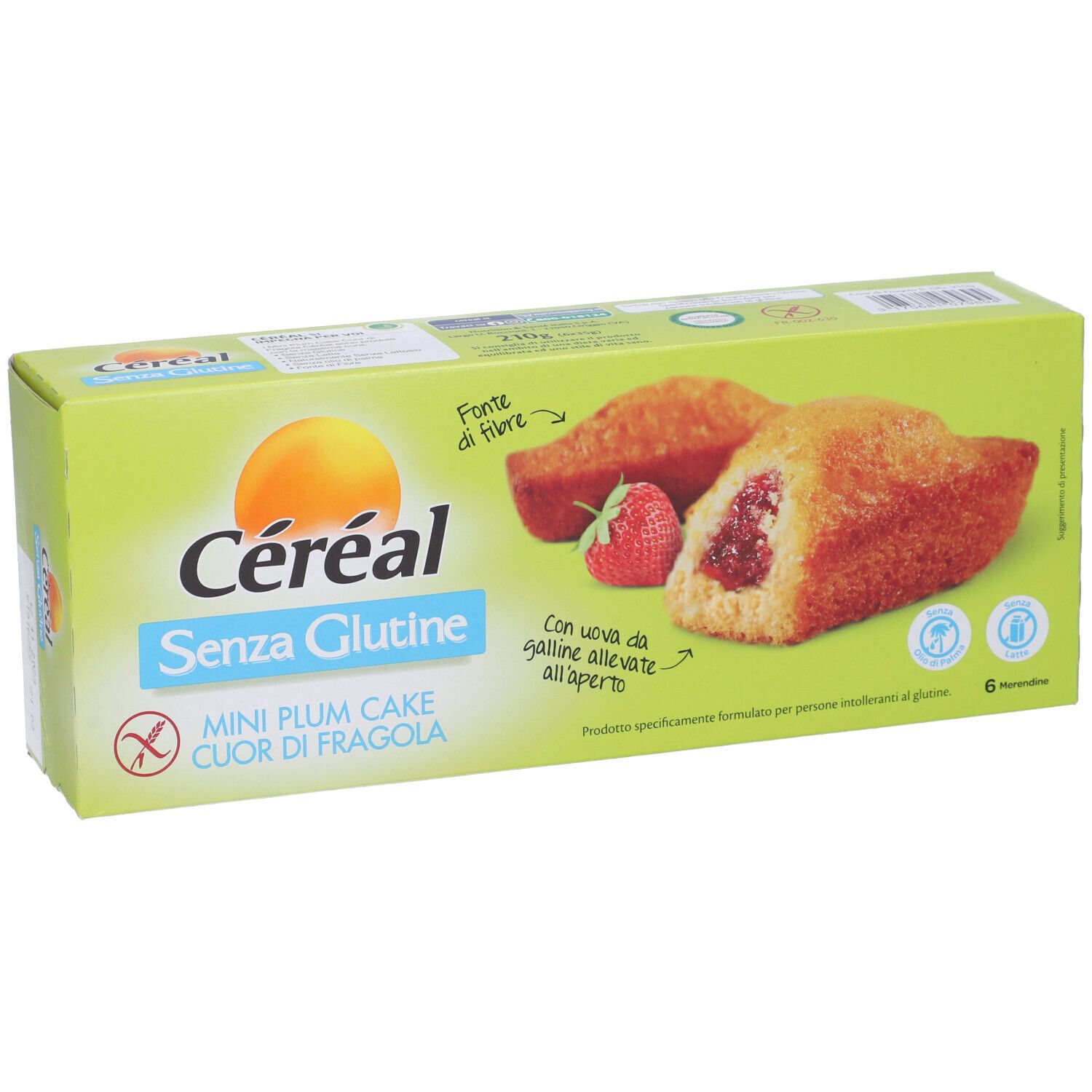 Céréal Mini Plum Cake Cuor di Fragola senza glutine. Immagine di dolcetti e fragola. 6 pezzi. Con uova da galline allevate all'aperto.