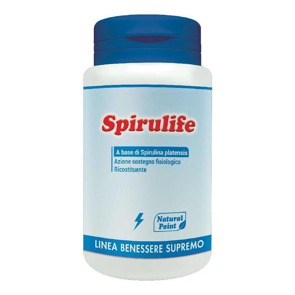 Flacone bianco con tappo blu. Scritta Spirulife in rosso. Testo blu sottostante. Logo Natural Point.
