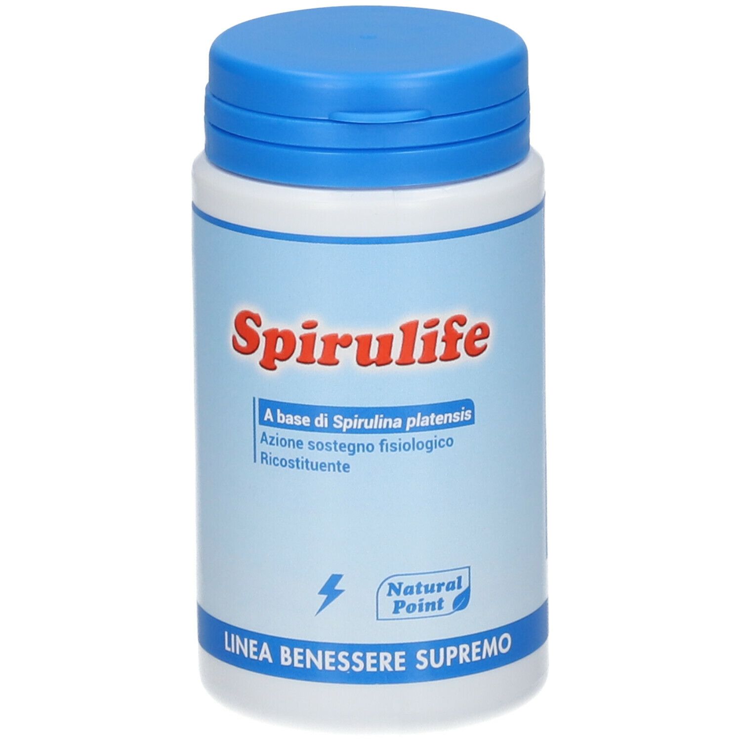 Flacone cilindrico con tappo blu. Scritta Spirulife in rosso. Testo blu sottostante. Logo Natural Point.
