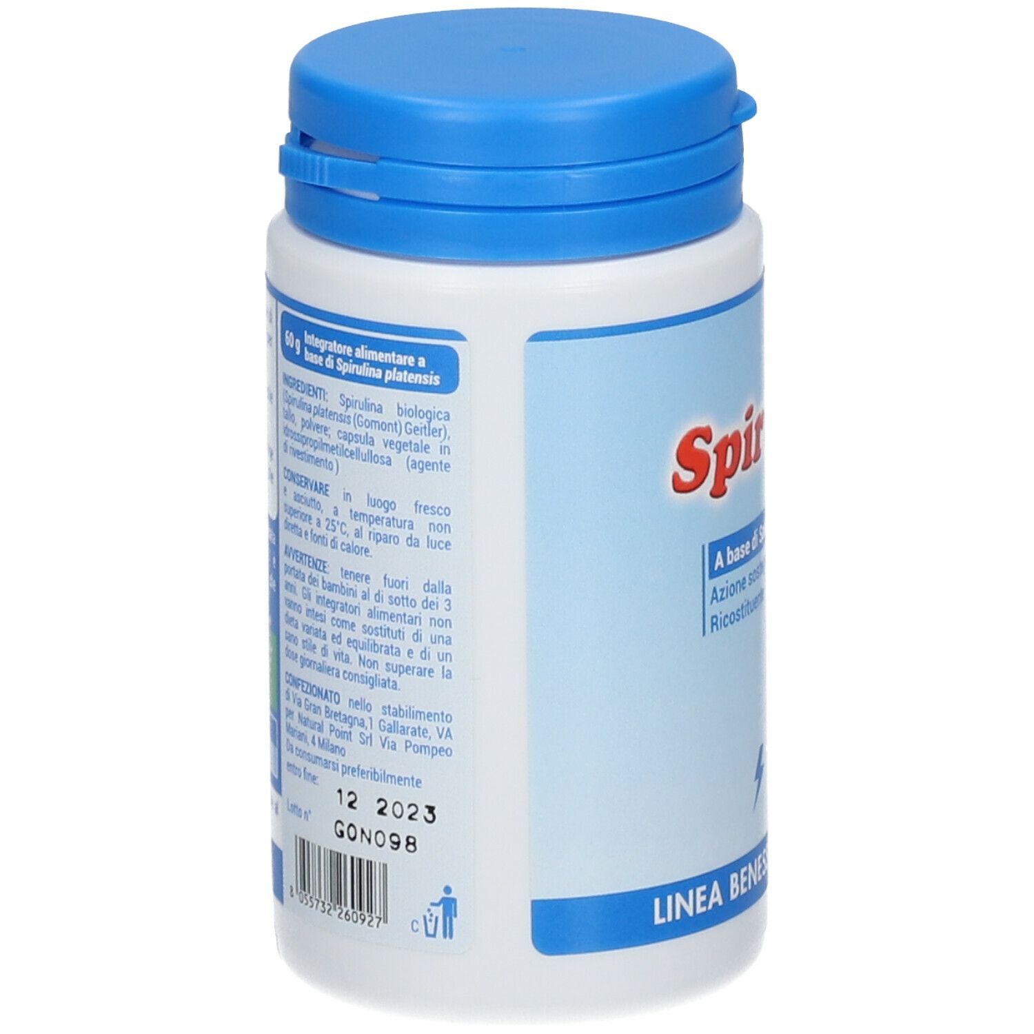 Flacone con tappo blu. Scritta Spirulife in rosso. Testo blu sottostante. Logo Natural Point. Retro con testo.
