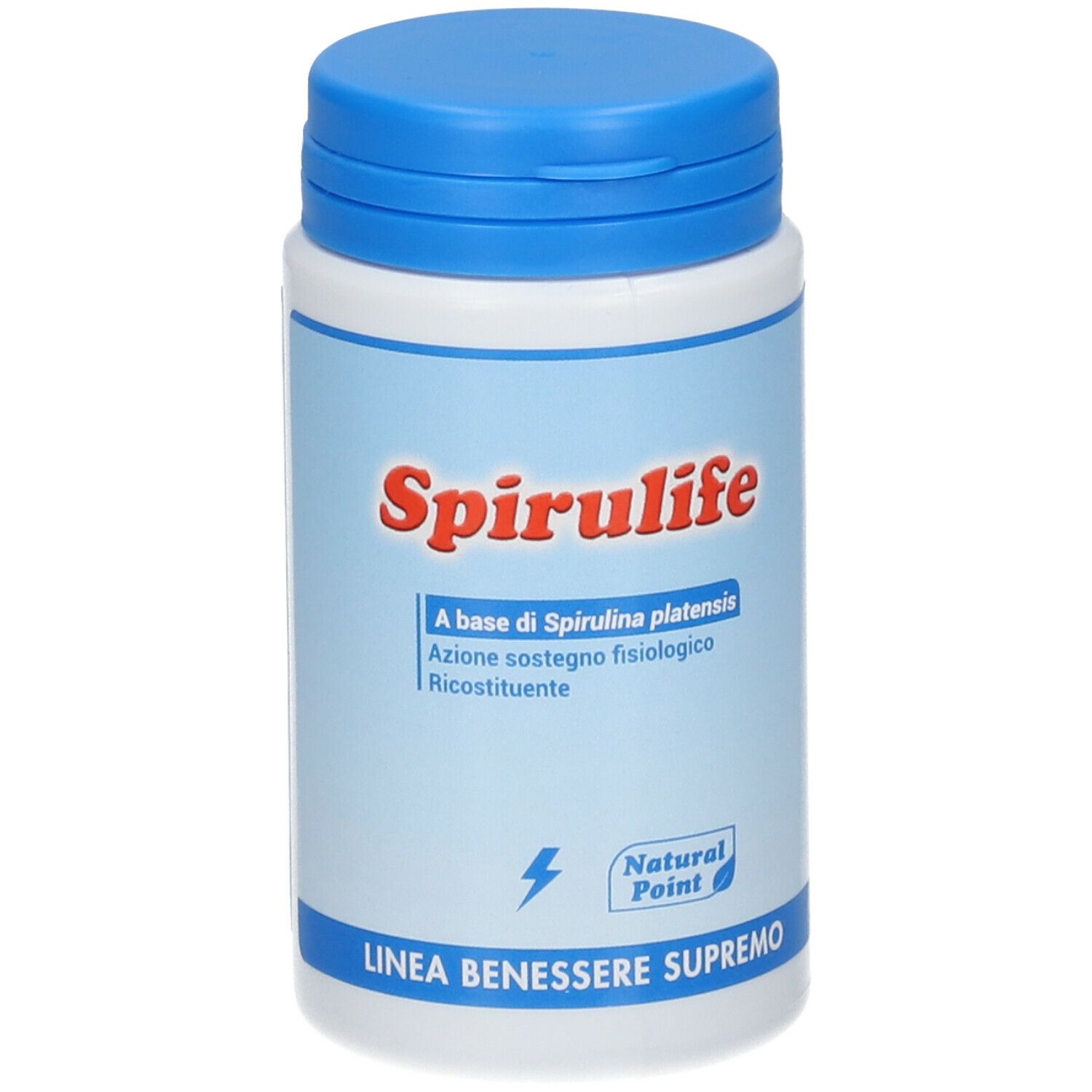 Flacone bianco con tappo blu. Scritta Spirulife in rosso. Testo blu sottostante. Logo Natural Point.