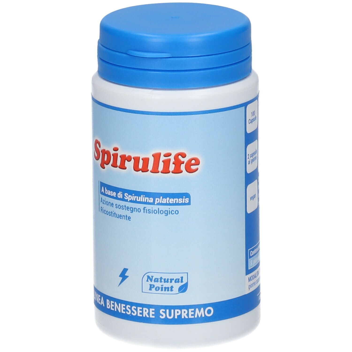 Flacone con tappo blu. Scritta Spirulife in rosso. Testo blu sottostante. Logo Natural Point. 120 capsule.