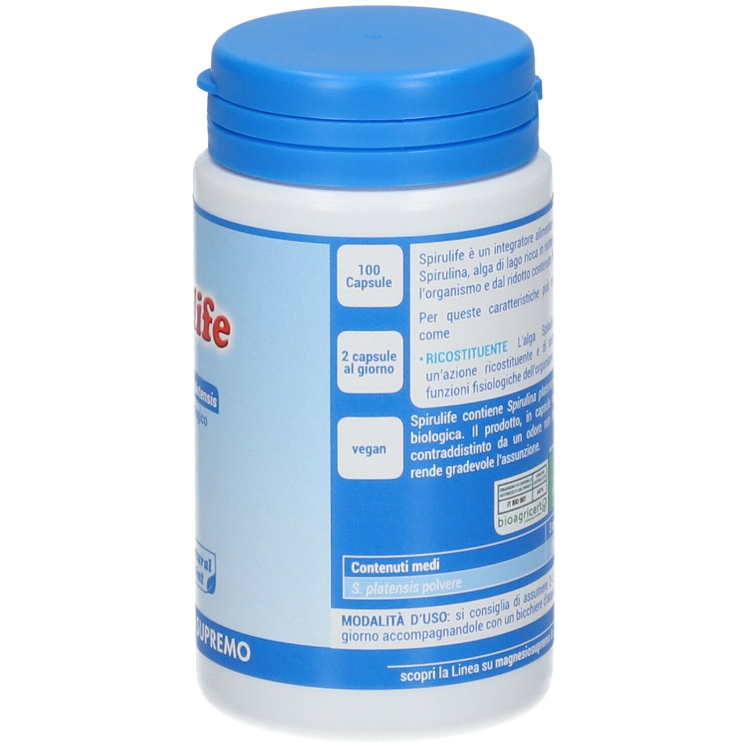 Flacone con tappo blu. Scritta Spirulife in rosso. Testo blu sottostante. Logo Natural Point. 100 capsule, vegan.