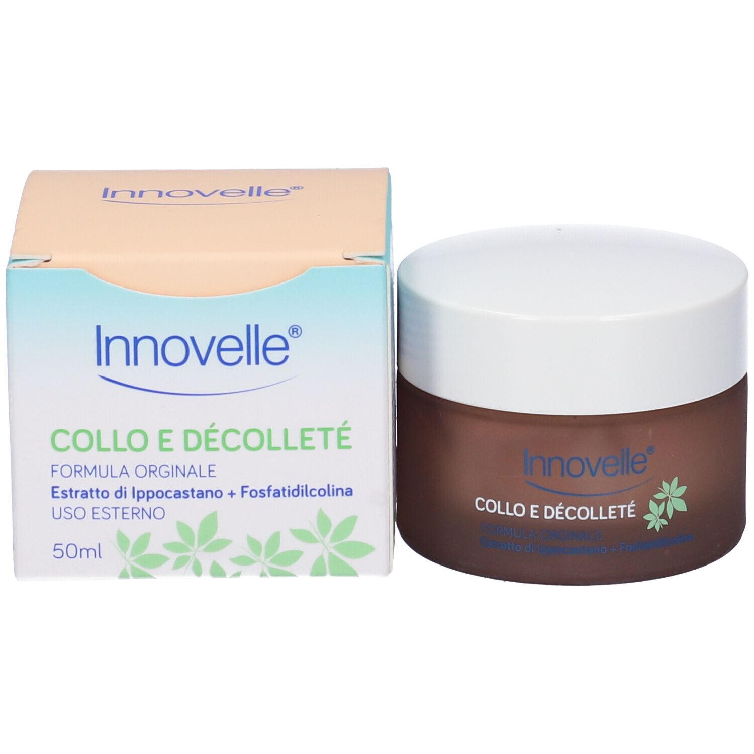 Vaso di crema e confezione. Scritta: Innovelle, Collo e Décolleté, 50ml. Vaso marrone, coperchio bianco, scatola beige-azzurra.