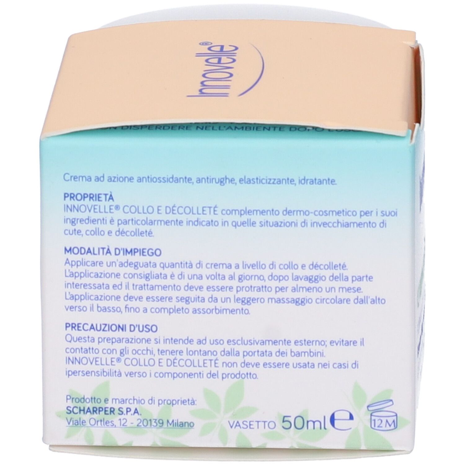 Confezione con testo. Scritta: Innovelle, Collo e Décolleté, 50ml. Testo su proprietà e utilizzo. Scatola beige-azzurra.