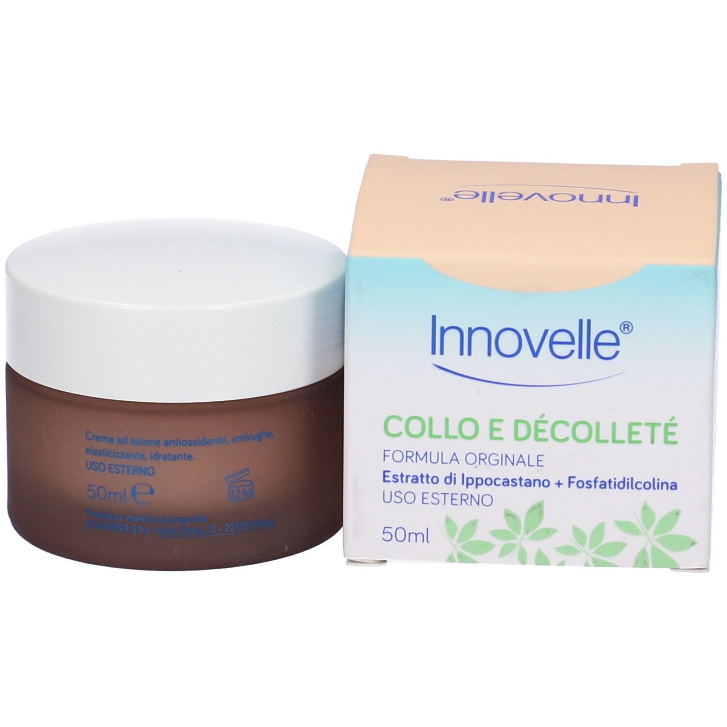 Vaso di crema e confezione. Scritta: Innovelle, Collo e Décolleté, 50ml. Vaso marrone, coperchio bianco, scatola beige-azzurra.
