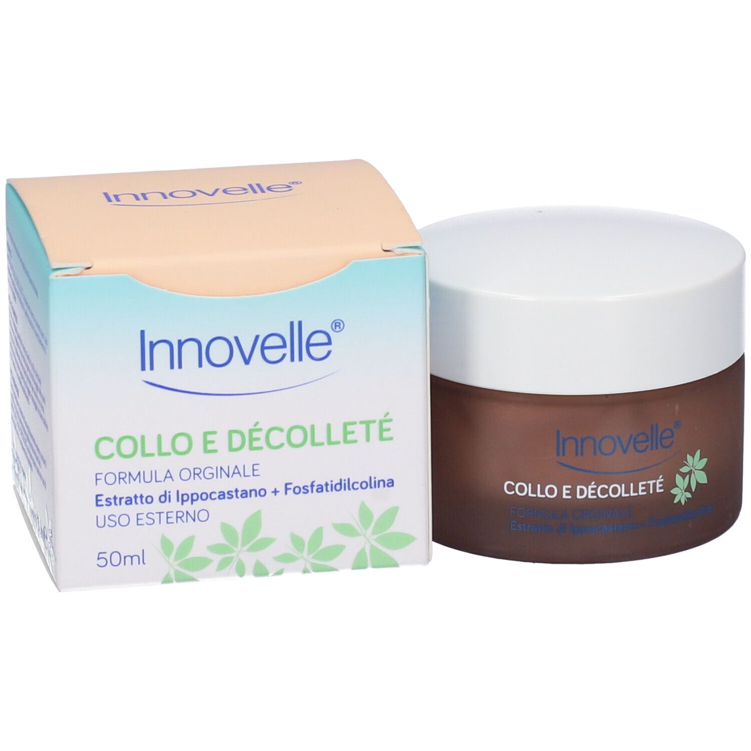 Vaso di crema e confezione. Scritta: Innovelle, Collo e Décolleté, 50ml. Vaso marrone, coperchio bianco, scatola beige-azzurra.