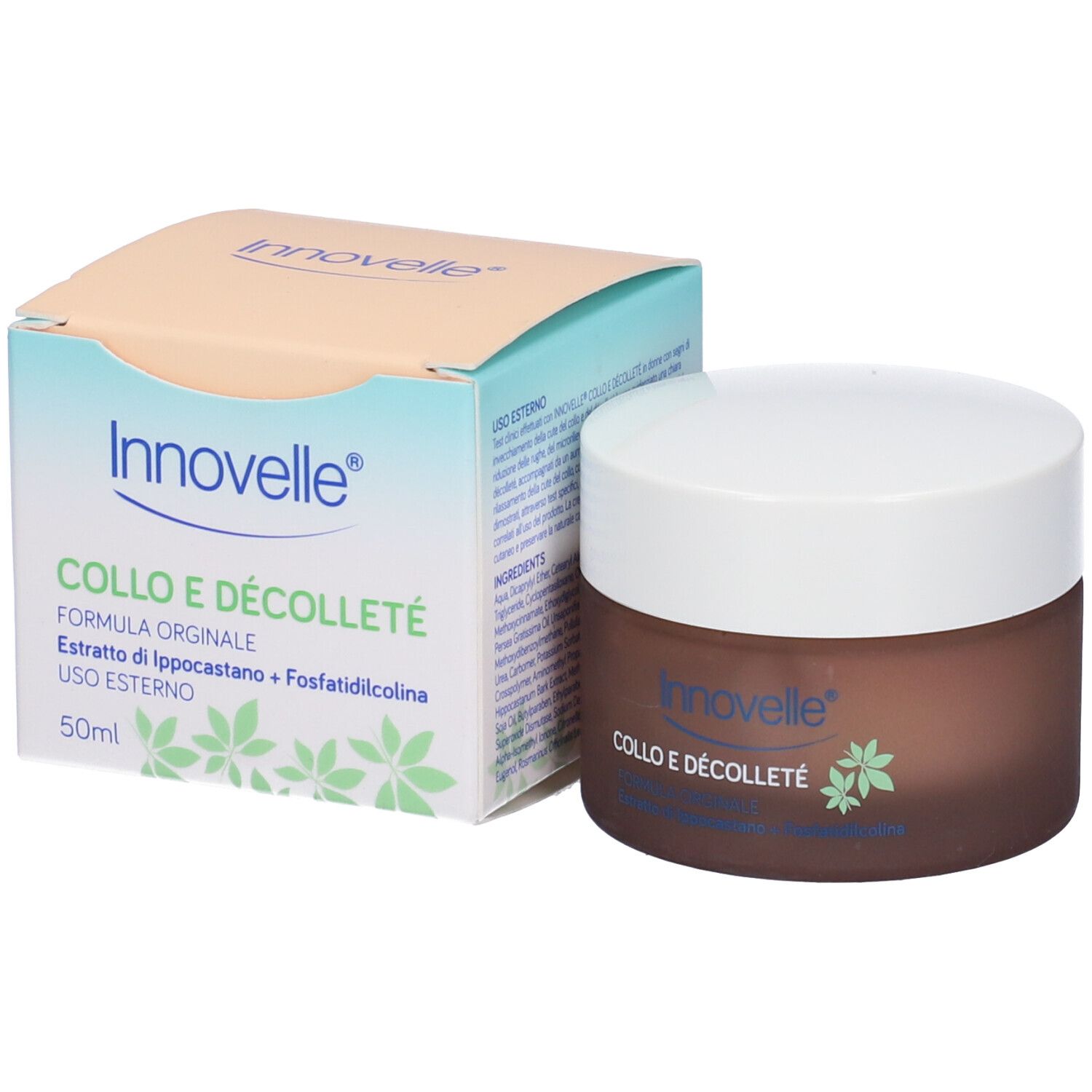 Vaso di crema e confezione. Scritta: Innovelle, Collo e Décolleté, 50ml. Vaso marrone, coperchio bianco, scatola beige-azzurra.