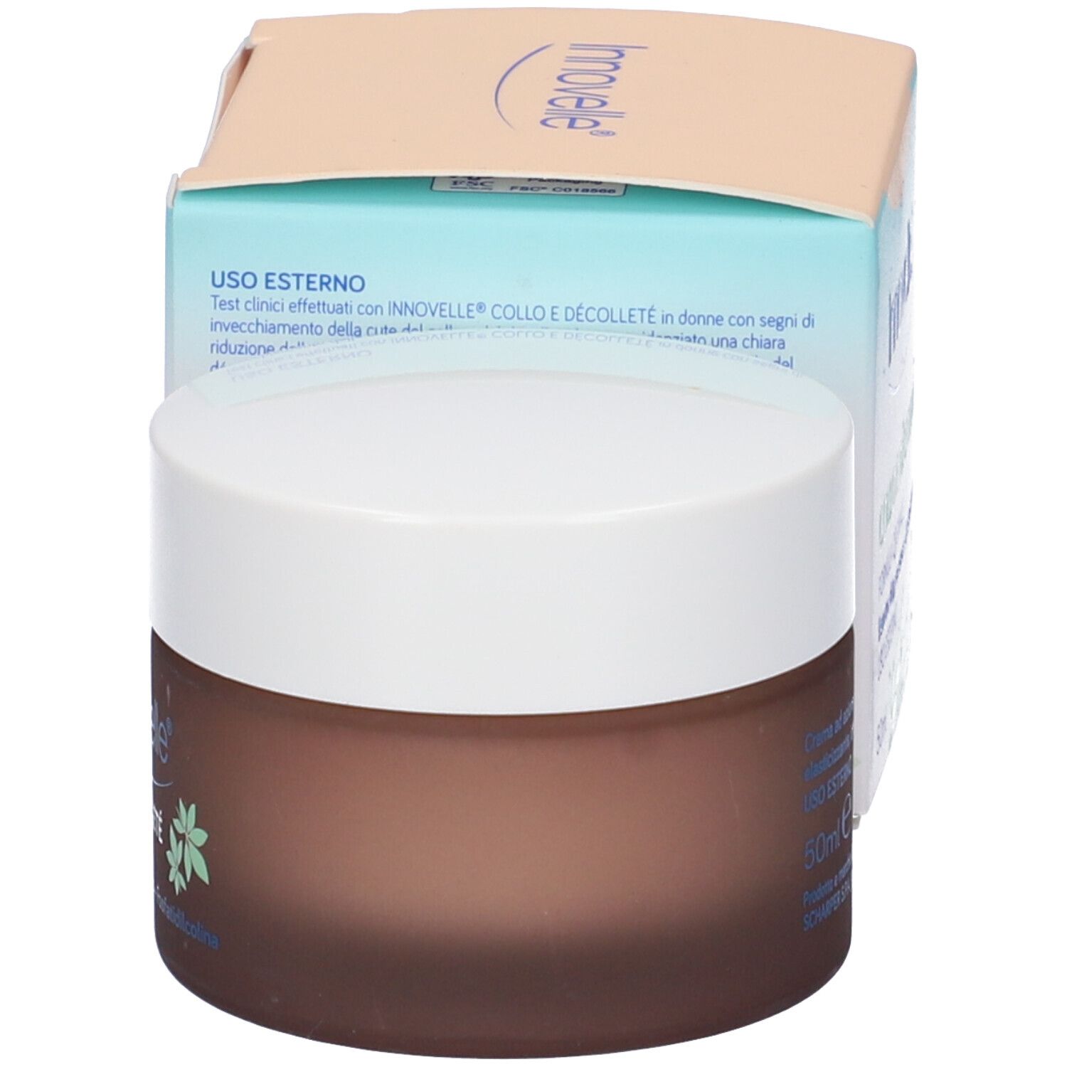 Vaso di crema e confezione. Scritta: Innovelle, Collo e Décolleté, 50ml. Vaso marrone, coperchio bianco, scatola beige-azzurra.