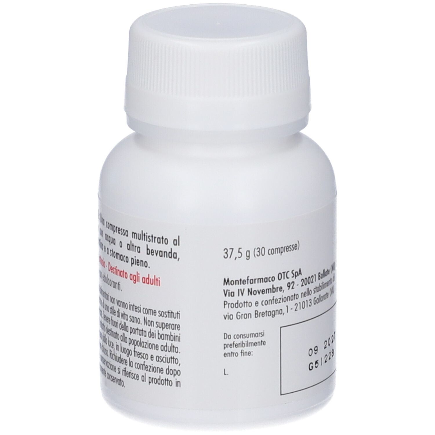 Rückseite einer weißen Flasche mit Schraubverschluss. Etikett mit Informationen, 37,5 g (30 Tabletten) und Verfallsdatum.
