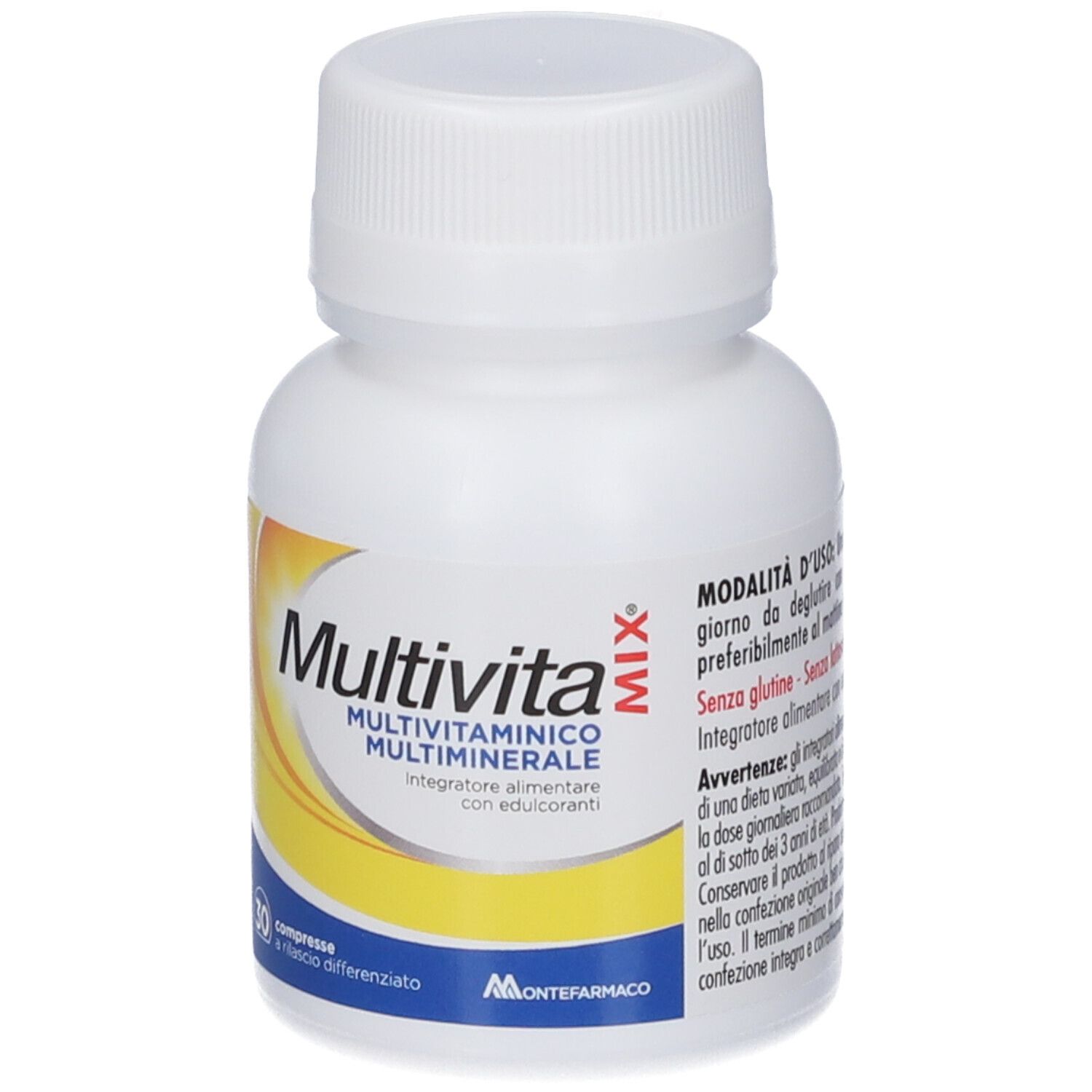 Weiße Flasche mit Schraubverschluss. Etikett mit Produktnamen Multivita MIX, Multivitaminico Multiminerale. 30 Tabletten.