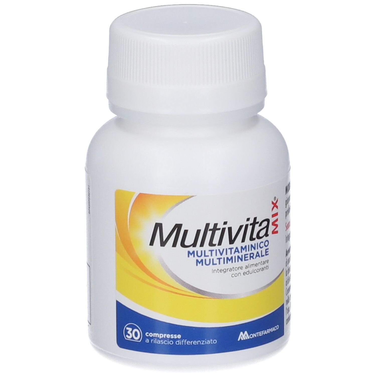 Weiße Flasche mit Schraubverschluss. Etikett mit Produktnamen Multivita MIX, Multivitaminico Multiminerale. 30 Tabletten.
