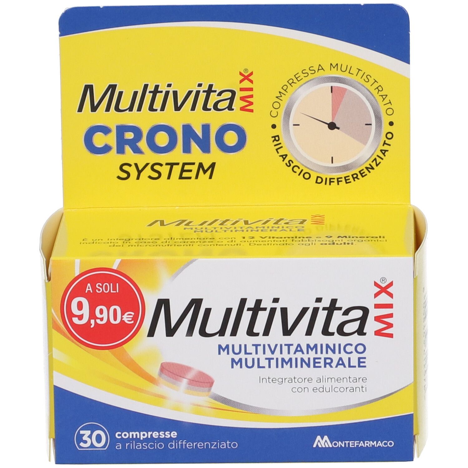 Produktverpackung. Verpackung mit Produktnamen Multivita MIX CRONO SYSTEM. Preis 9,90€ und 30 Tabletten.