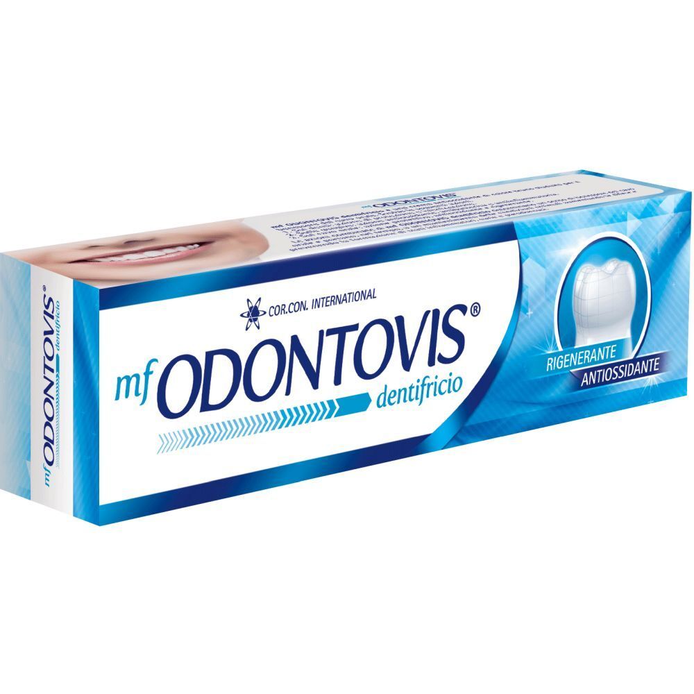 Confezione di dentifricio. Design blu e bianco con scritta "mf ODONTOVIS dentifricio". Illustrazione di un dente.