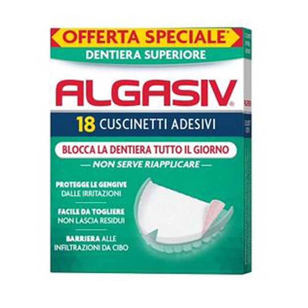 Confezione di 18 cuscinetti adesivi Algasiv per dentiera superiore. Testo: 'Offerta Speciale' e 'Dentiera Superiore'.