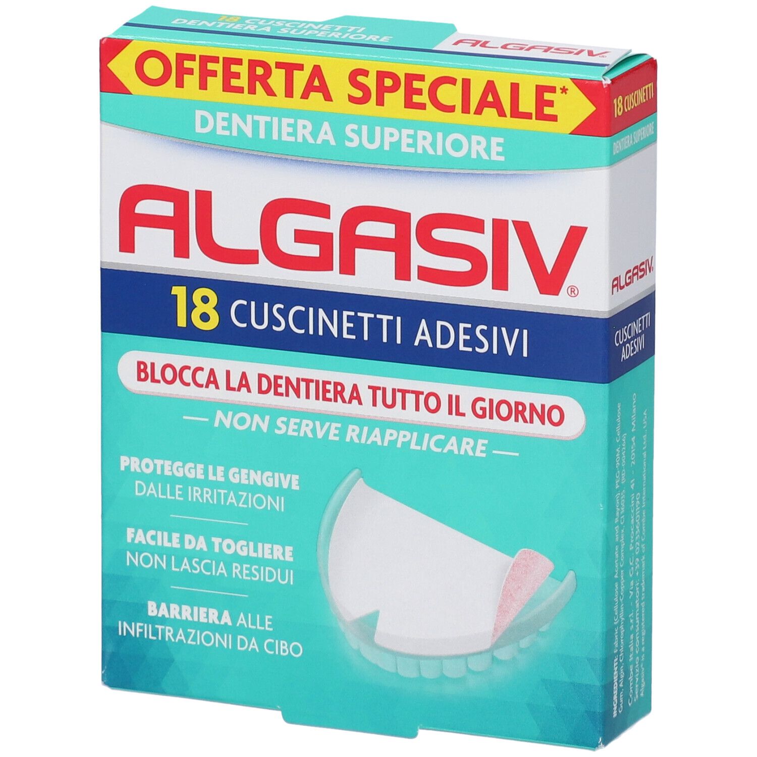 Confezione di 18 cuscinetti adesivi Algasiv per dentiera superiore. Testo: 'Offerta Speciale' e 'Dentiera Superiore'.
