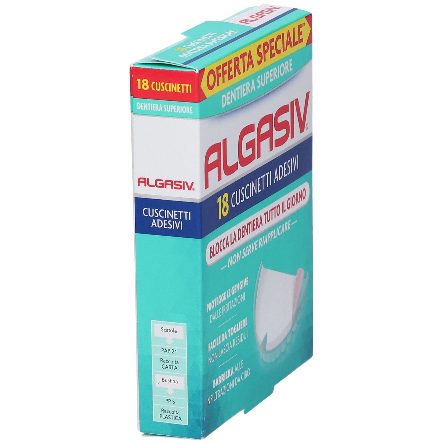 Confezione di 18 cuscinetti adesivi Algasiv per dentiera superiore. Testo: 'Offerta Speciale' e 'Dentiera Superiore'.