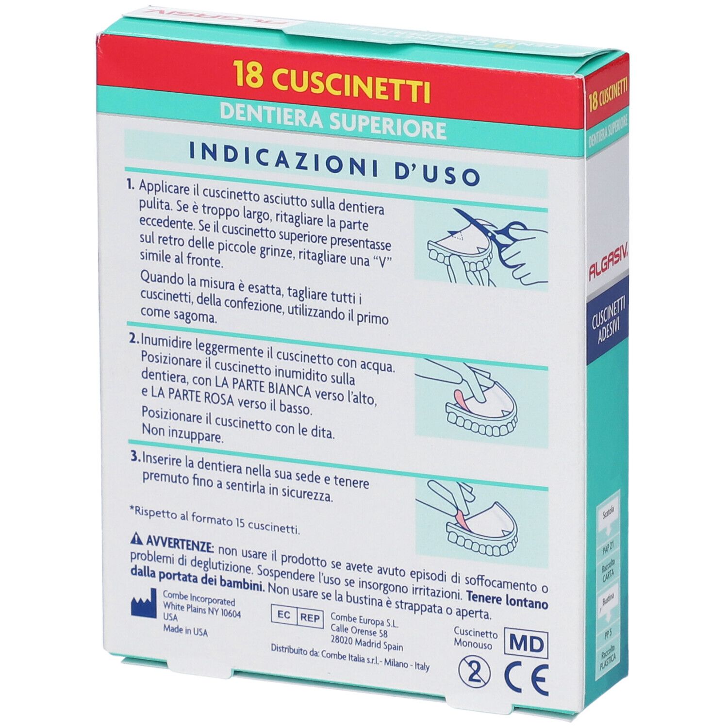 Retro della confezione con istruzioni per l'uso dei cuscinetti adesivi Algasiv. Testo in italiano.