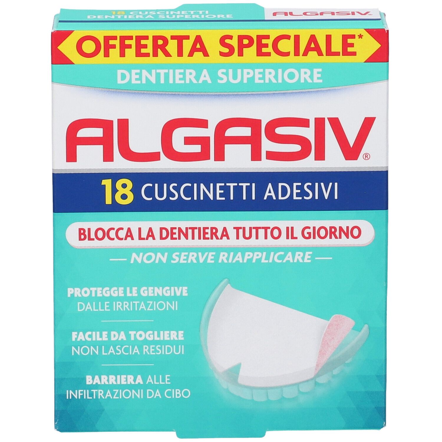 Confezione di 18 cuscinetti adesivi Algasiv per dentiera superiore. Testo: 'Offerta Speciale' e 'Dentiera Superiore'.