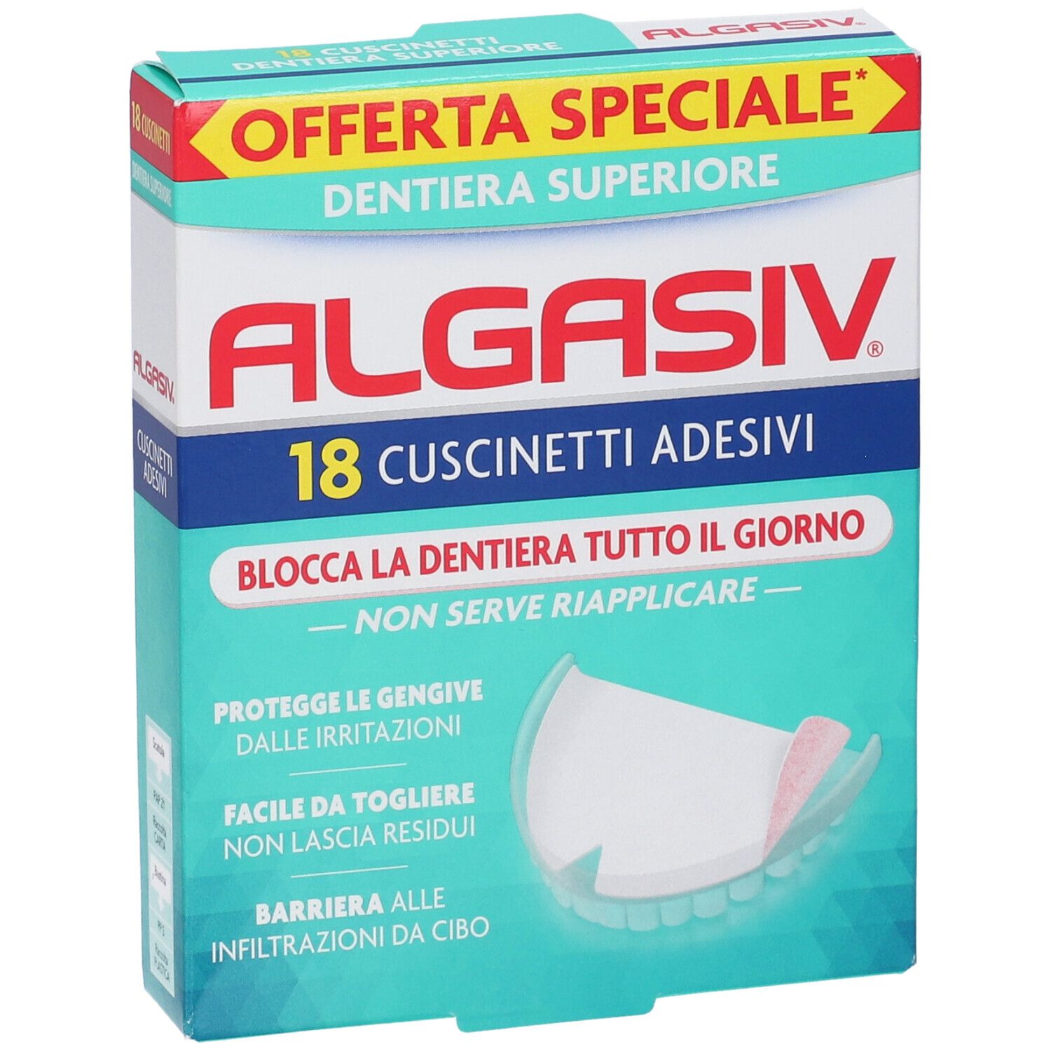 Confezione di 18 cuscinetti adesivi Algasiv per dentiera superiore. Testo: 'Offerta Speciale' e 'Dentiera Superiore'.